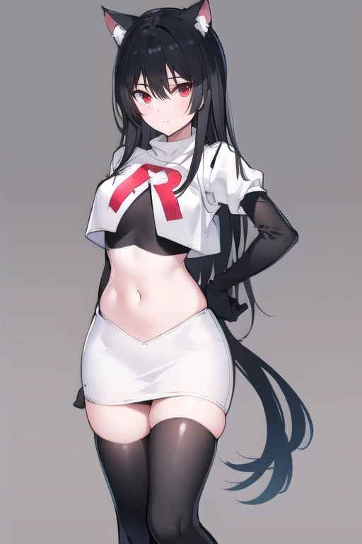 danzoukatou, danzou katou, android, black hair, long hair, ponytail, (yellow eyes:1.5),
BREAK team rocket,team rocket uniform,white skirt,red letter R,crop top,black thigh-highs,black elbow gloves,
BREAK looking at viewer,
BREAK (masterpiece:1.2), best quality, high resolution, unity 8k wallpaper, (illustration:0.8), (beautiful detailed eyes:1.6), extremely detailed face, perfect lighting, extremely detailed CG, (perfect hands, perfect anatomy),