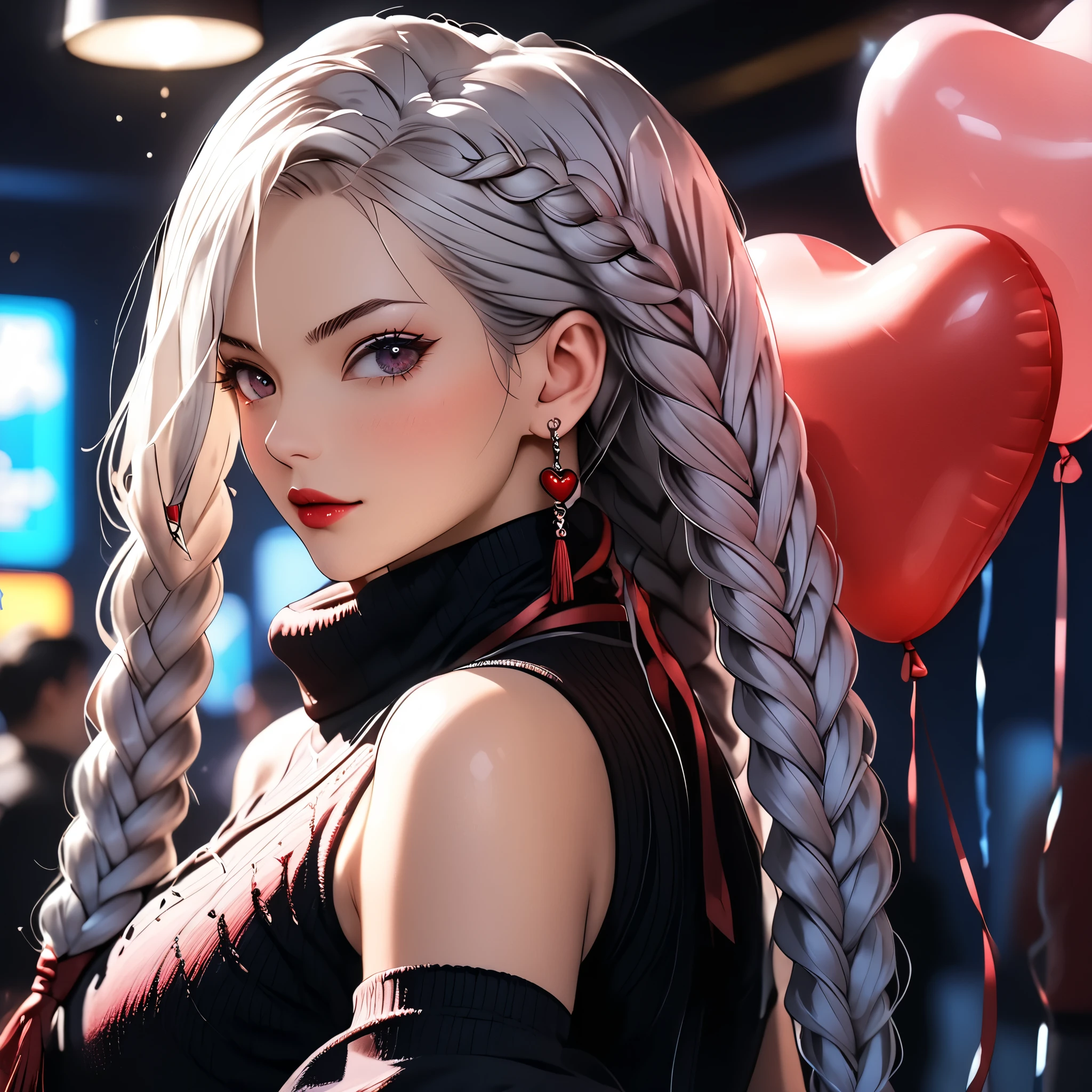 (beautiful girl:1.3),1girl,masterpiece,Highest quality,Ultra-high resolution,rich contrast,super high quality,8k,Highly detailed CG unit wallpaper,texture,Incredibly absurd,Ultra-high resolution,Highest quality anime,professional photograph,an extremely delicate and beautiful,RAW Photos,Depth of Field 1.2,ultra-detailed eyes,Glitter Effect,Beautiful glossy lips, 25years old, gorgeous legs, noise perfect, gorgeous ass, dynamic pose, sensual woman, seductive woman, mature woman, Milf, maternal, shy look, full body, (type of photo: medium shot, portraying the person from head to waist), Mei Mei jujutsu kaisen, she wears two braids, long braided hair, white hair, braid hair over one eye, front braid, gray eyes, her hair is long light blue, , one braid covers one eye and forehead, and another braid is on the back of her head, mei mei, long hair, very long hair, braid, hair over one eye, braided ponytail, one eye covered, braided bangs,,  Setting: A fair with neon lights, She is holding a teddy bear with a red bow and several heart balloons float around her. Her eyes reflect love and sweetness, Outfit: An oversized burgundy sweater with a turtleneck, leather leggings and tall black boots. Accessories: Wool gloves, a scarf in pink tones and a knitted hat with a pompom. Hair and makeup: natural makeup with a little highlighter and raspberry lips. in a cafeteria decorated with garlands of hearts,