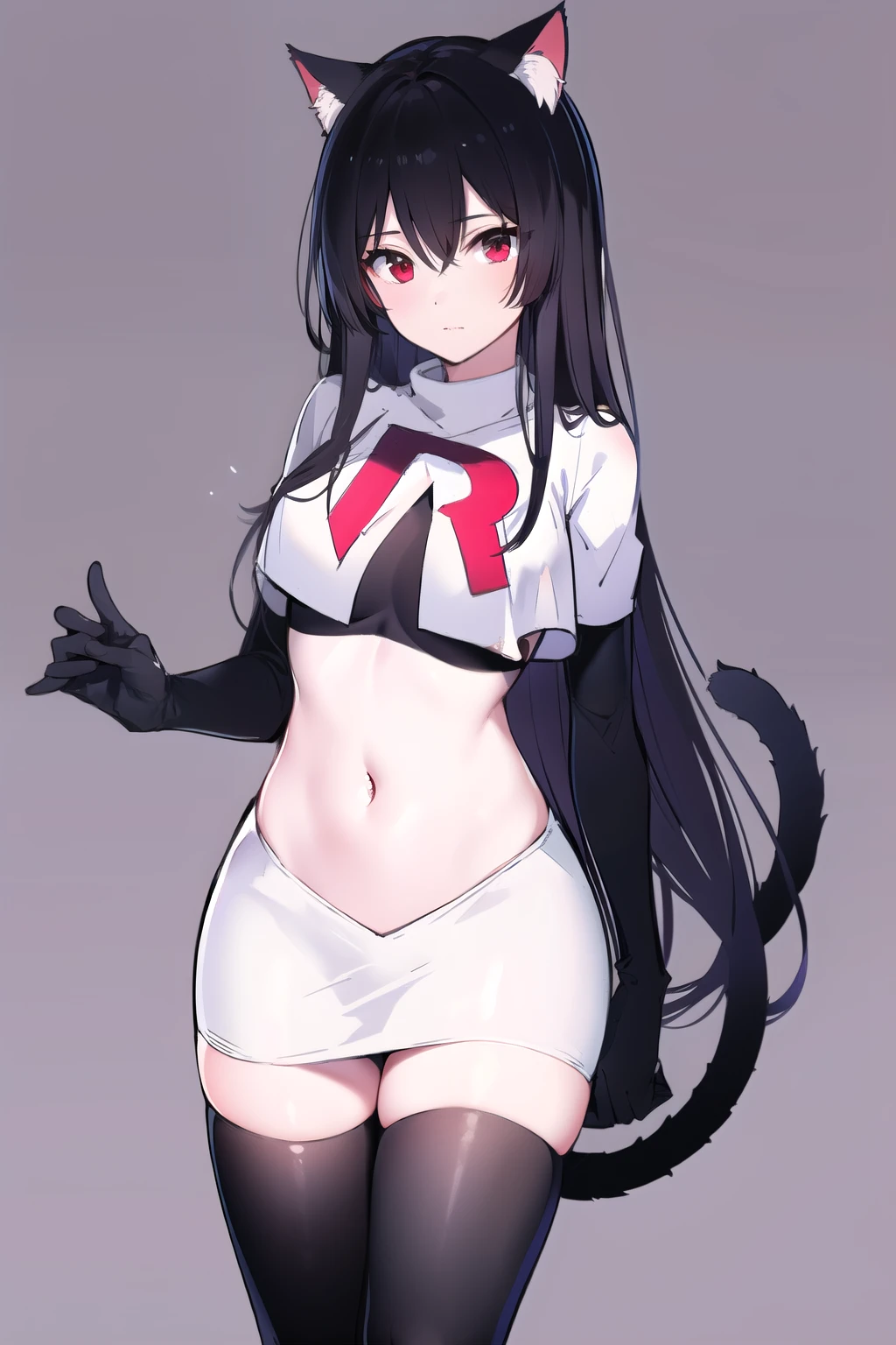 -1girl, solo, cat tail, tail, animal ears, red eyes, cat ears, long hair, black hair, breasts, cat girl, simple background, looking at viewer, hair between eyes, bangs, very long hair, medium breasts, tail raised, animal ear fluff, team rocket,team rocket uniform,white skirt,red letter R,crop top,black thigh-highs,black elbow gloves