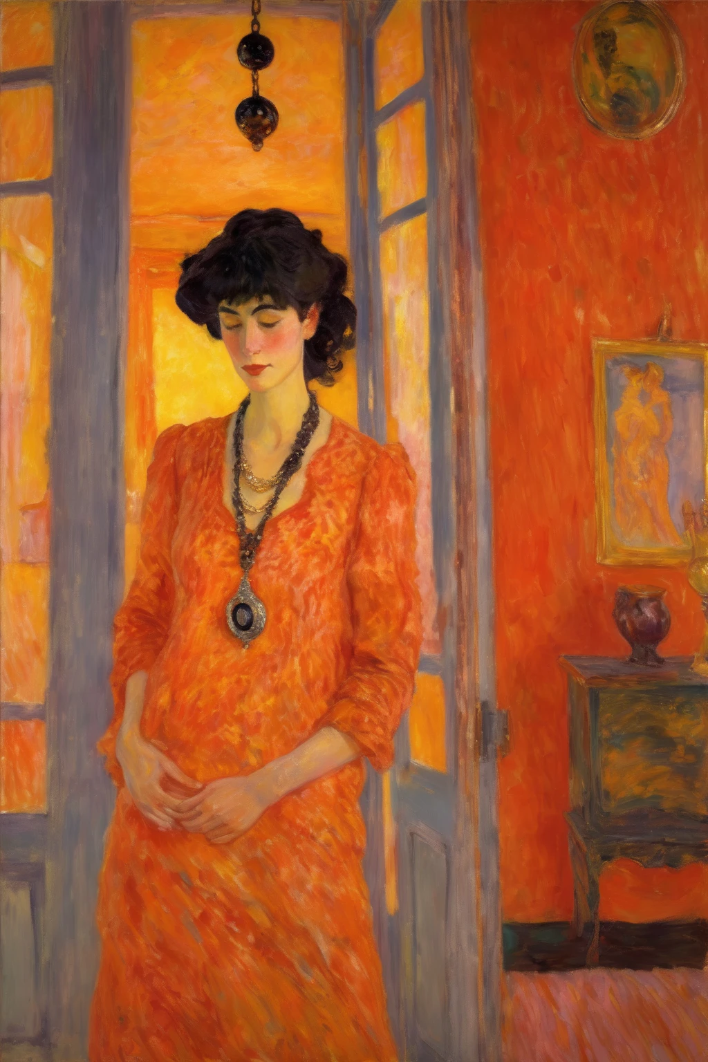  Pierre Bonnard style - painting by Pierre Bonnard , ( low angle view :1.2), A woman on her side with a pendant around her neck in the shape of a flame, The pendant is shining, Do women have shoulder-length black hair, your eyes are tired and dark in color, She is wearing pants, a blouse and a coat, both black, Behind the woman there is a street. The shades in the image are white and red
, sunset city shadows and light , tall buildings ,  red sky, poster art, brutalism Oil painting in the style of Pierre Bonnard and anime