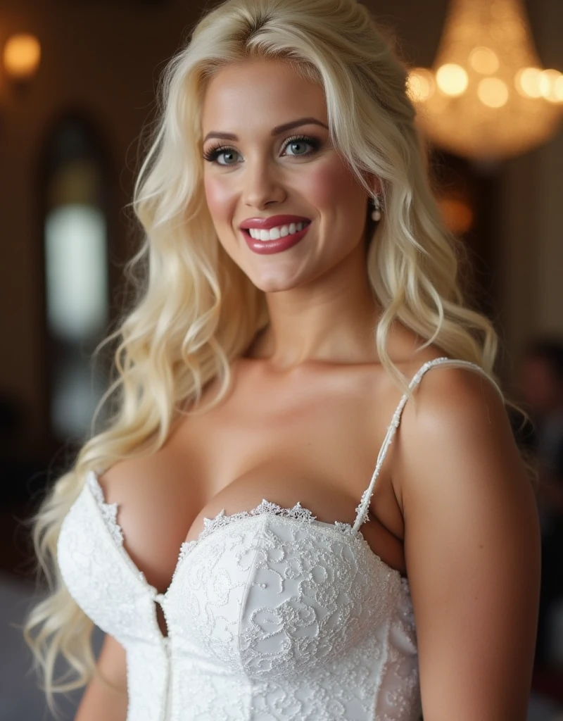 RAW photo, face portrait photo of beautiful 20 y.o woman, blue eyes, cute face, long white hair, wearing sexy wedding dress, cleavage, happy face, She held a white rose in her hand, big large breast, hard shadows, cinematic shot, dramatic lighting