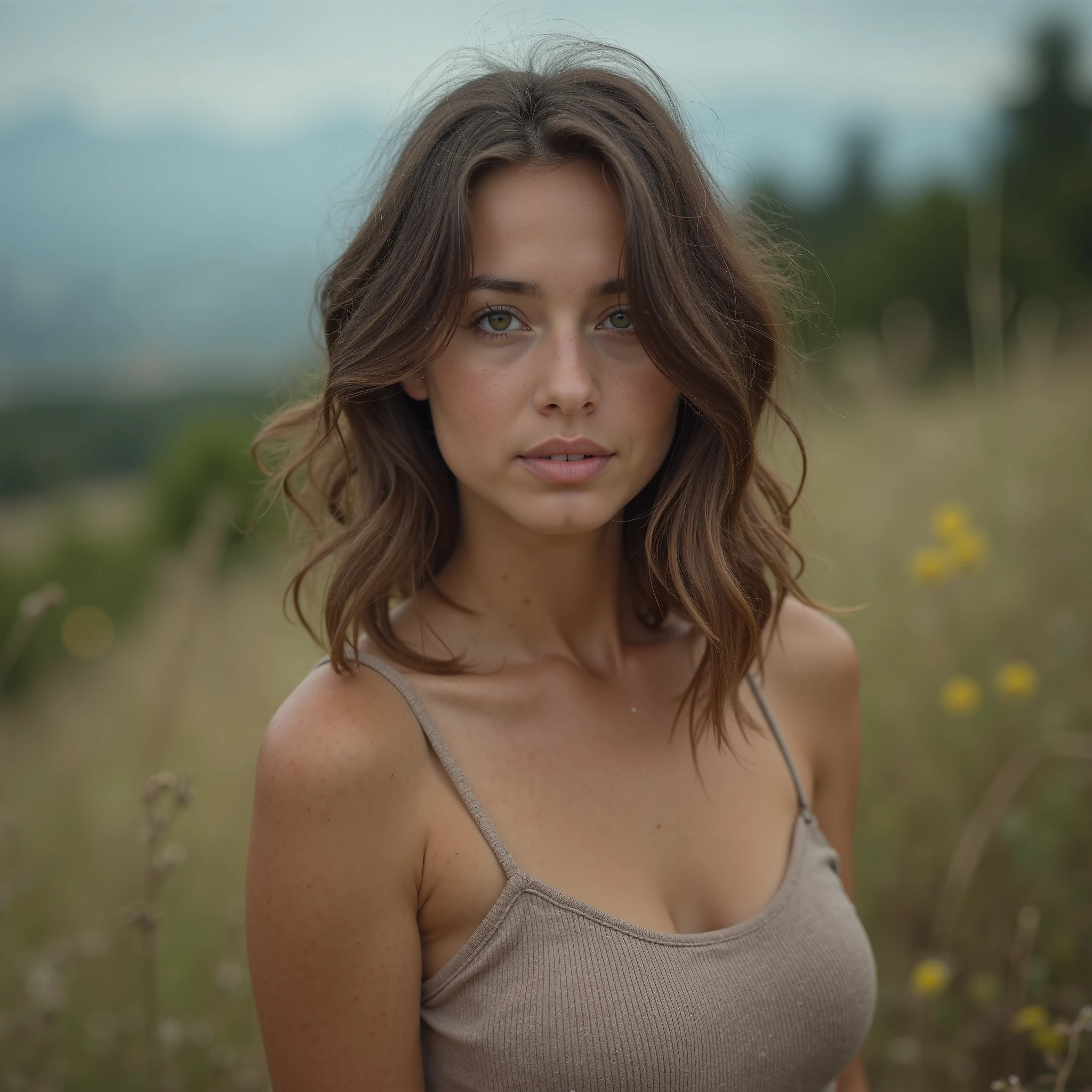 regardant droit vers la caméra, grain de film, filtre vintage, Texture de la peau, selFie oF a woman with beautiFul wavy hair ,F/1.8, a la montagne, selfi, facebook