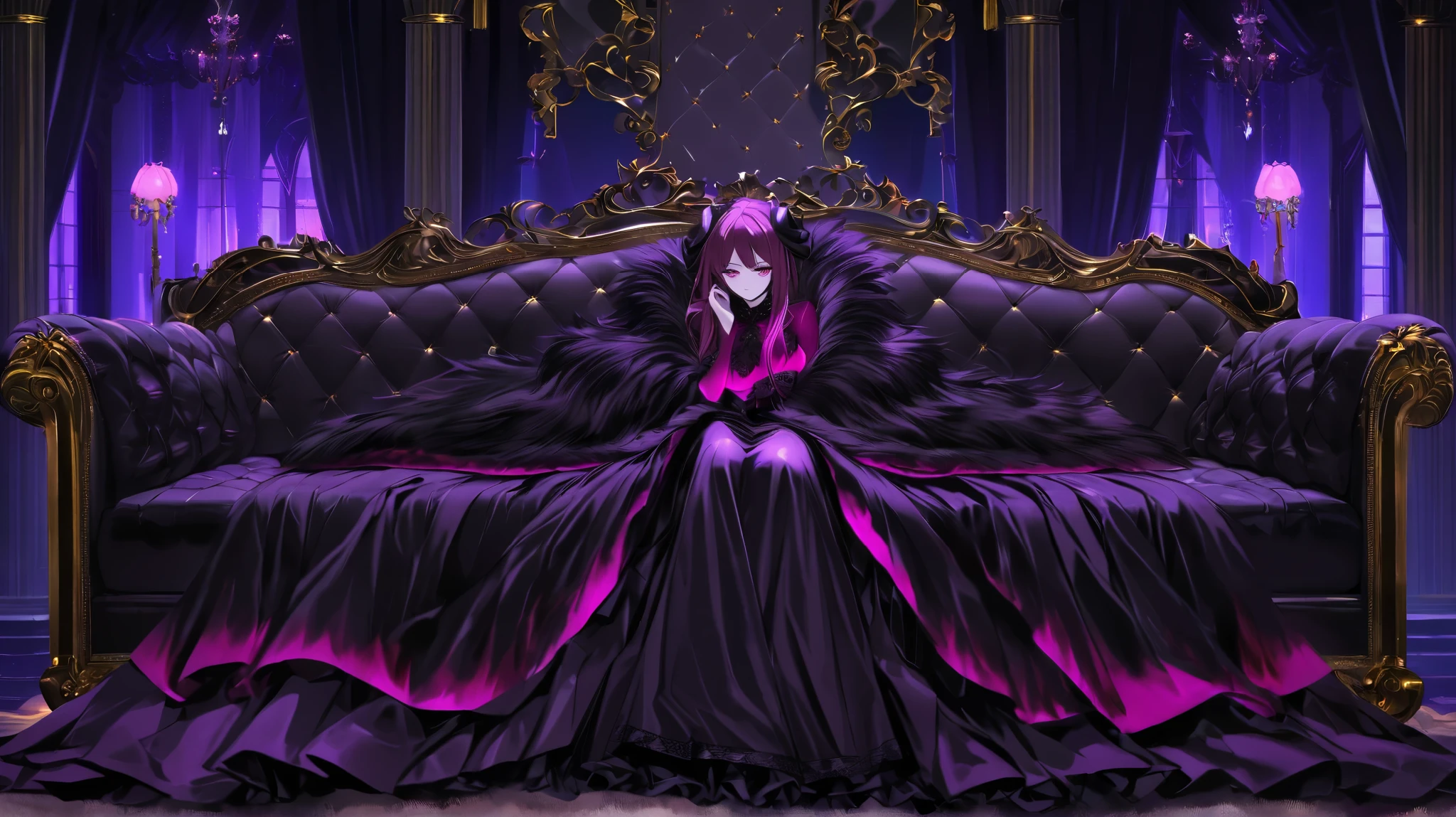 Sexy mature woman blindfolded, Has very long purple hair, Wearing a light robe lined with fur, chest, chestの谷間を見せる, Has fox ears, Relax on the throne, Surrounded by candles and soft, colorful stuffed animals