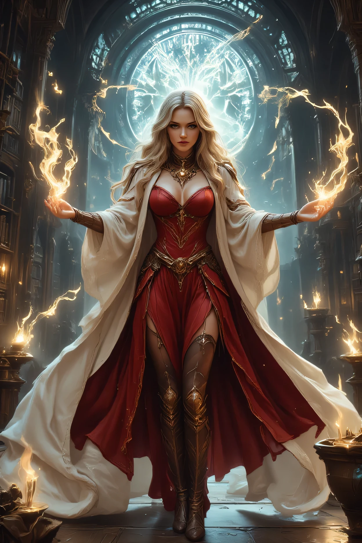 picture of a sorceress casting a spell in science library, exquisite beautiful woman, dynamic hair color, dynamic hair style, ((full body shot: 1.5)), (ultra detailed face: 1.2), best detailed face, high details, best quality, 16k, ((red dress: 1.2), (white cloak: 1.3), high heeled boots (ultra details, Masterpiece, best quality) masterpiece, best quality, (extremely detailed), full body, ultra wide shot, (ultra details, Masterpiece, best quality), fantasy art, dnd art, fantasy art, realistic art, (ultra details, Masterpiece, best quality), (ultra details, Masterpiece, best quality), 