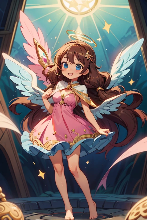 (masterpiece, best quality) cute anime angel girl, Brown long hair, delicate angel wings, barefoot, sexy smiling, sexy pose, coquette, beautiful long legs, mature girl, gorgeous body, pronounced breasts, big breast, standing, intricate details and sunlight ethereal indoor scene, gentle blue-eyed smile, pastel flowing pink dress, halo with glowing stars, holding a small magical staff, graceful and playful pose, celestial soft lighting.
