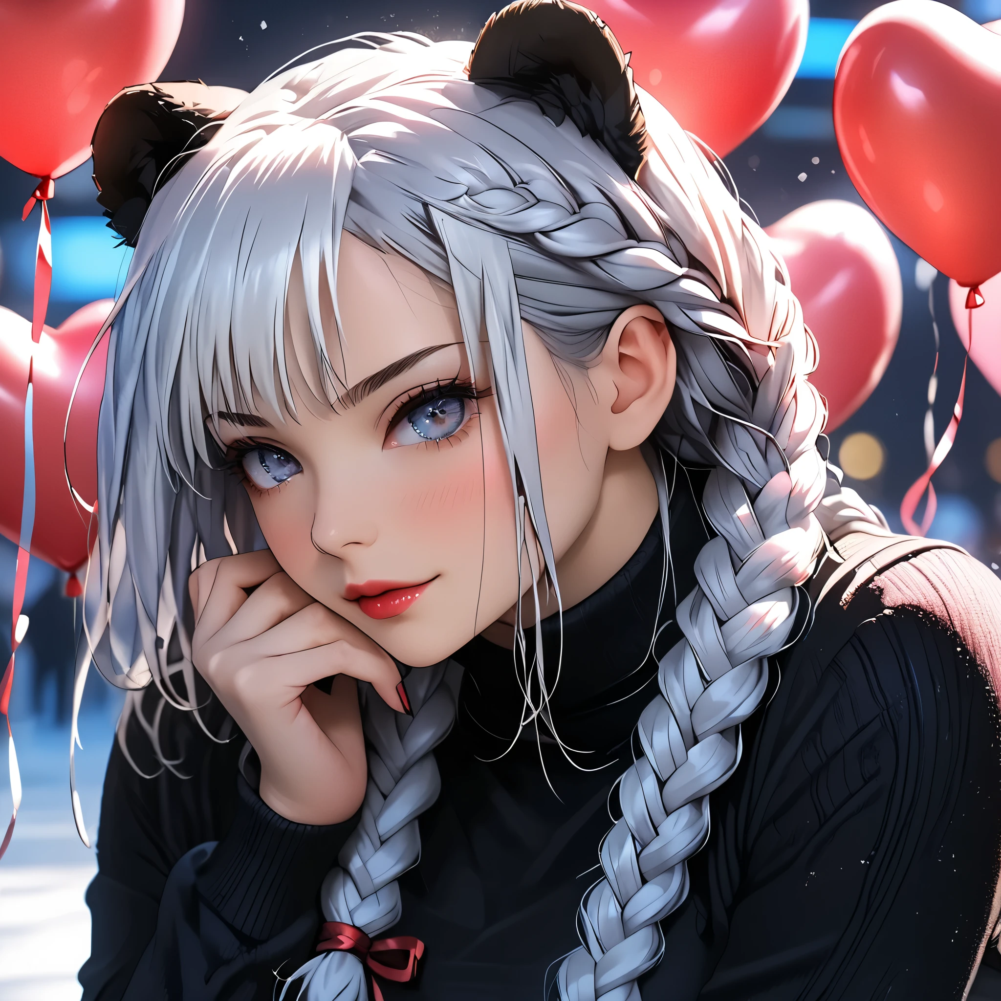 (beautiful girl:1.3),1girl,masterpiece,Highest quality,Ultra-high resolution,rich contrast,super high quality,8k,Highly detailed CG unit wallpaper,texture,Incredibly absurd,Ultra-high resolution,Highest quality anime,professional photograph,an extremely delicate and beautiful,RAW Photos,Depth of Field 1.2,ultra-detailed eyes,Glitter Effect,Beautiful glossy lips, 25years old, gorgeous legs, noise perfect, gorgeous ass, dynamic pose, sensual woman, seductive woman, mature woman, Milf, maternal, shy look, full body, (type of photo: medium shot, portraying the person from head to waist), Mei Mei jujutsu kaisen, she wears two braids, long braided hair, white hair, braid hair over one eye, front braid, gray eyes, her hair is long light blue, , one braid covers one eye and forehead, and another braid is on the back of her head, mei mei, long hair, very long hair, braid, hair over one eye, braided ponytail, one eye covered, braided bangs,, Setting: A fair with neon lights, She is holding a teddy bear with a red bow and several heart balloons float around her. Her eyes reflect love and sweetness, Outfit: An oversized burgundy sweater with a turtleneck, leather leggings and tall black boots. Accessories: Wool gloves, a scarf in pink tones and a knitted hat with a pompom. Hair and makeup: natural makeup with a little highlighter and raspberry lips. in a cafeteria decorated with garlands of hearts,
