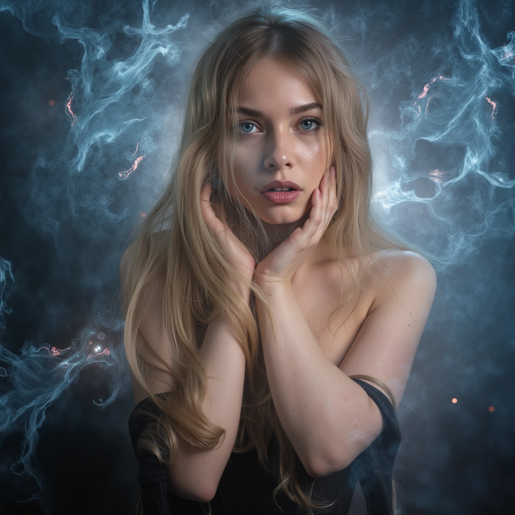 A double exposure portrait of an enchantress, her long blond hair blending with swirling mists, in the style of Carne Griffiths, Wadim Kashin, Harrison Fisher, and Brian Froud.  girl,  girl, clear blue eyes. Sexy lips, details on skin, 4k, glow, white skin, caucasian, american girl, cyberpunk background, bokeh. Her features rendered in exquisite, photorealistic detail, evoke mystique and allure. Black light ambiance, chiaroscuro. In the distance, a Jeremy Mann cityscape whispers secrets. --ar 9:16 --zoom 2 --lighting dramatic --style surreal, fantasy art, young  woman away from the camera, black fabric outfit, futuristic, modern, cleavage, shoulders exposed. Vigilante, anti-hero, she is looking at the left side.