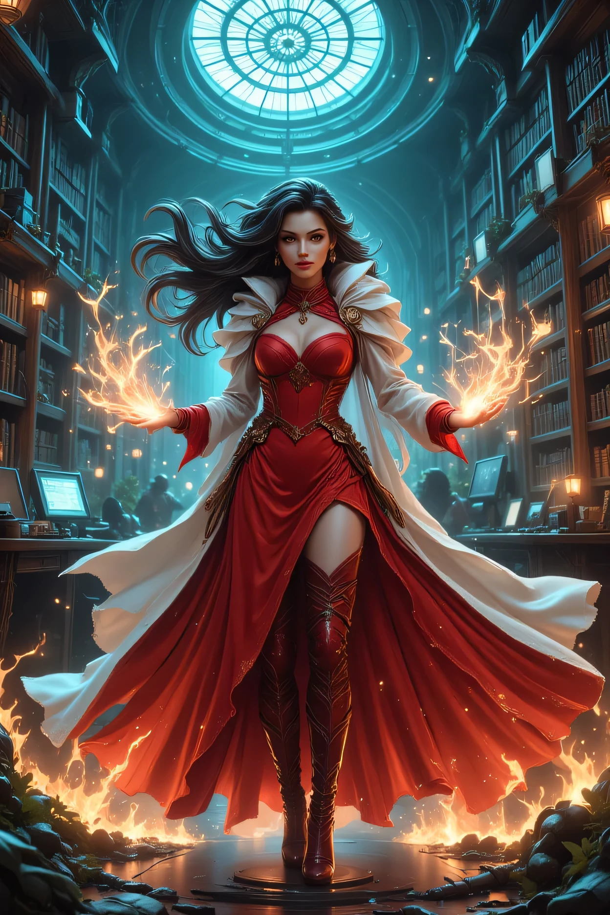 picture of a sorceress casting a spell in science library, exquisite beautiful woman, dynamic hair color, dynamic hair style, ((full body shot: 1.5)), (ultra detailed face: 1.2), best detailed face, high details, best quality, 16k, ((red dress: 1.2), (white cloak: 1.3), high heeled boots, computer lab background, (ultra details, Masterpiece, best quality) masterpiece, best quality, (extremely detailed), full body, ultra wide shot, (ultra details, Masterpiece, best quality), fantasy art, dnd art, fantasy art, realistic art, (ultra details, Masterpiece, best quality), (ultra details, Masterpiece, best quality), 