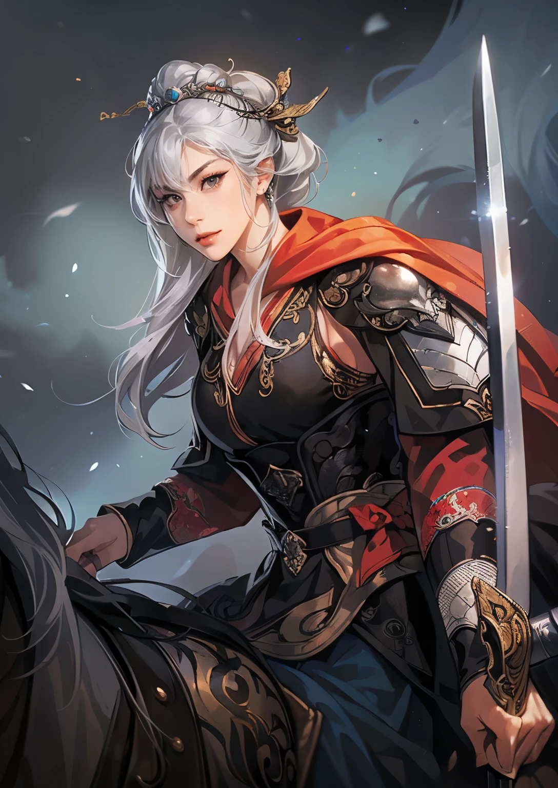 (((Maintain color ))), ((( picture style maintenance ))), (( Koei Three Kingdoms illustration style)), ((Maintain the composition)), attractive woman , (( black eyes )), dark background , ((Silver hair )), (( white hair )), big boobs, Visible Chest Valley , woman wearing Chinese armor , Woman holding a sword, Woman riding a horse,