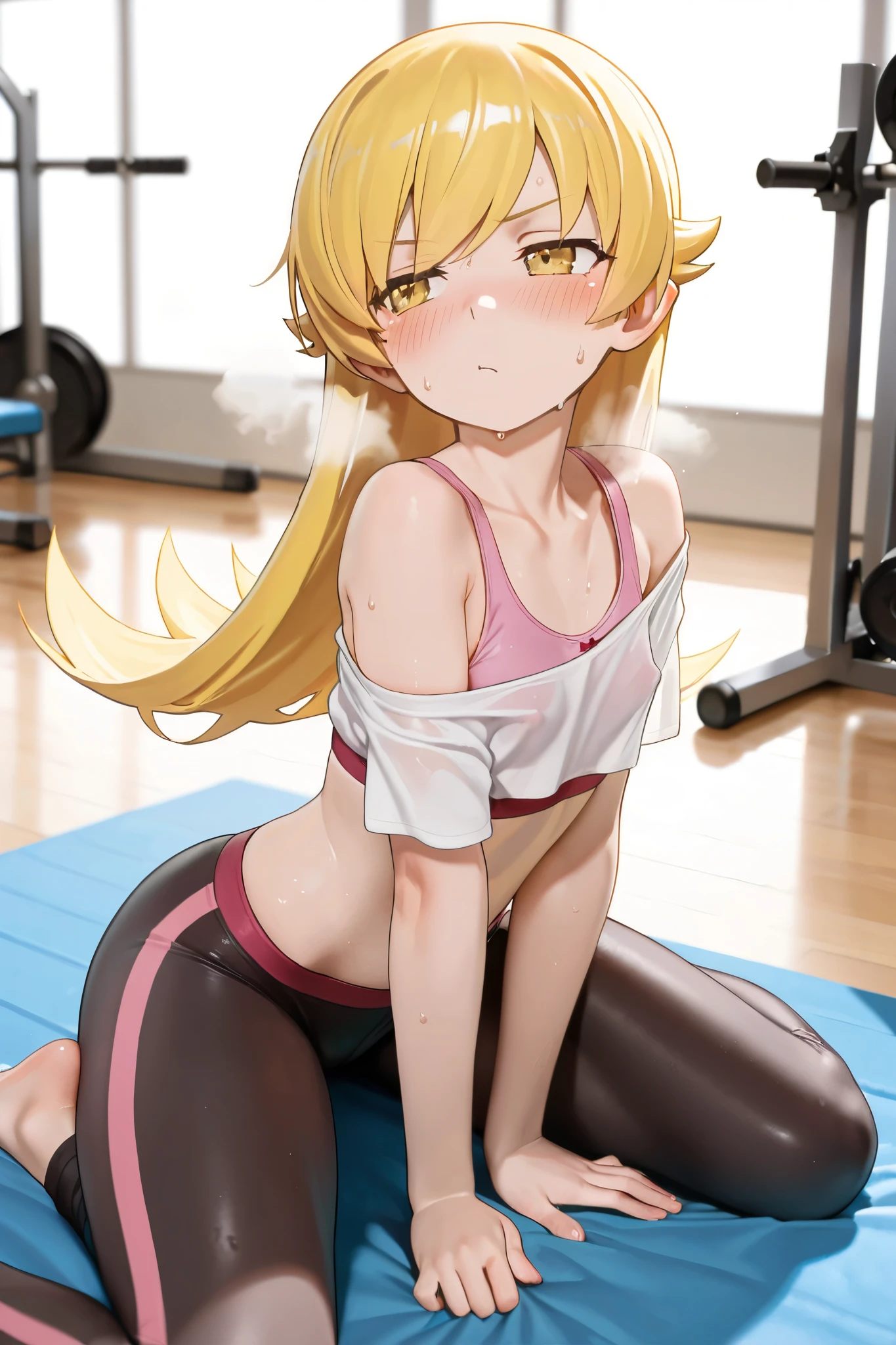NSFW, Masterpiece, top quality, Hi-Res, very detailed,Shinobu Oshino\( monogatari series\), crop top shirt , off shoulder shirt, sports bra, spats,Gym, mat,sweat,blush, rough breath, feeling the face, massage