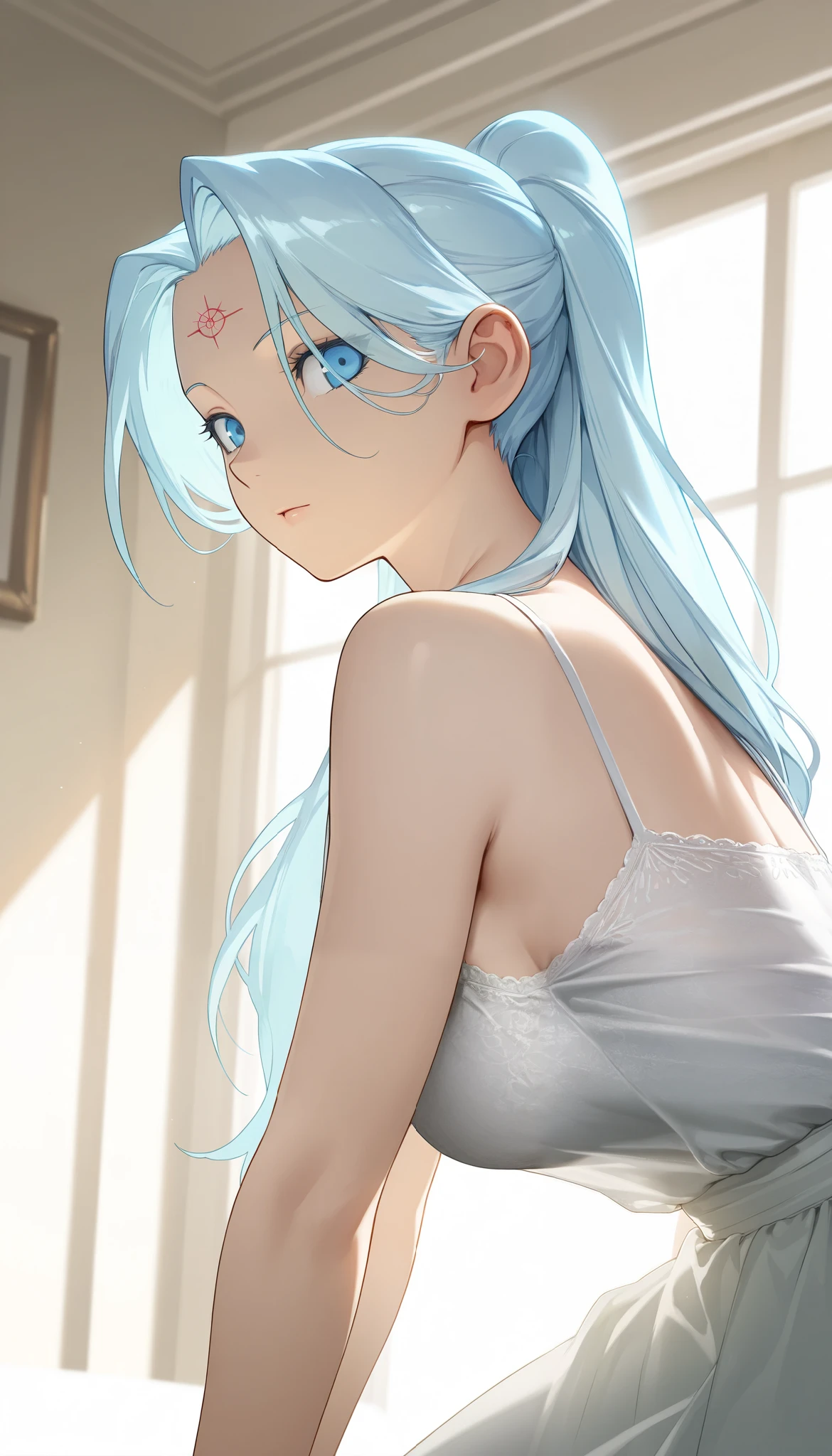 Hatsune Miku、slender、((Back view))、photorealistic、(Beautiful style of charming anime girl、beautiful attractive anime woman、(full body shot)、A smile、Masterpiece Portrait、2D、Glowing blue eyes、(Transparent floral bra with delicate design)、(Tiny string panties)、turn、indoors of、