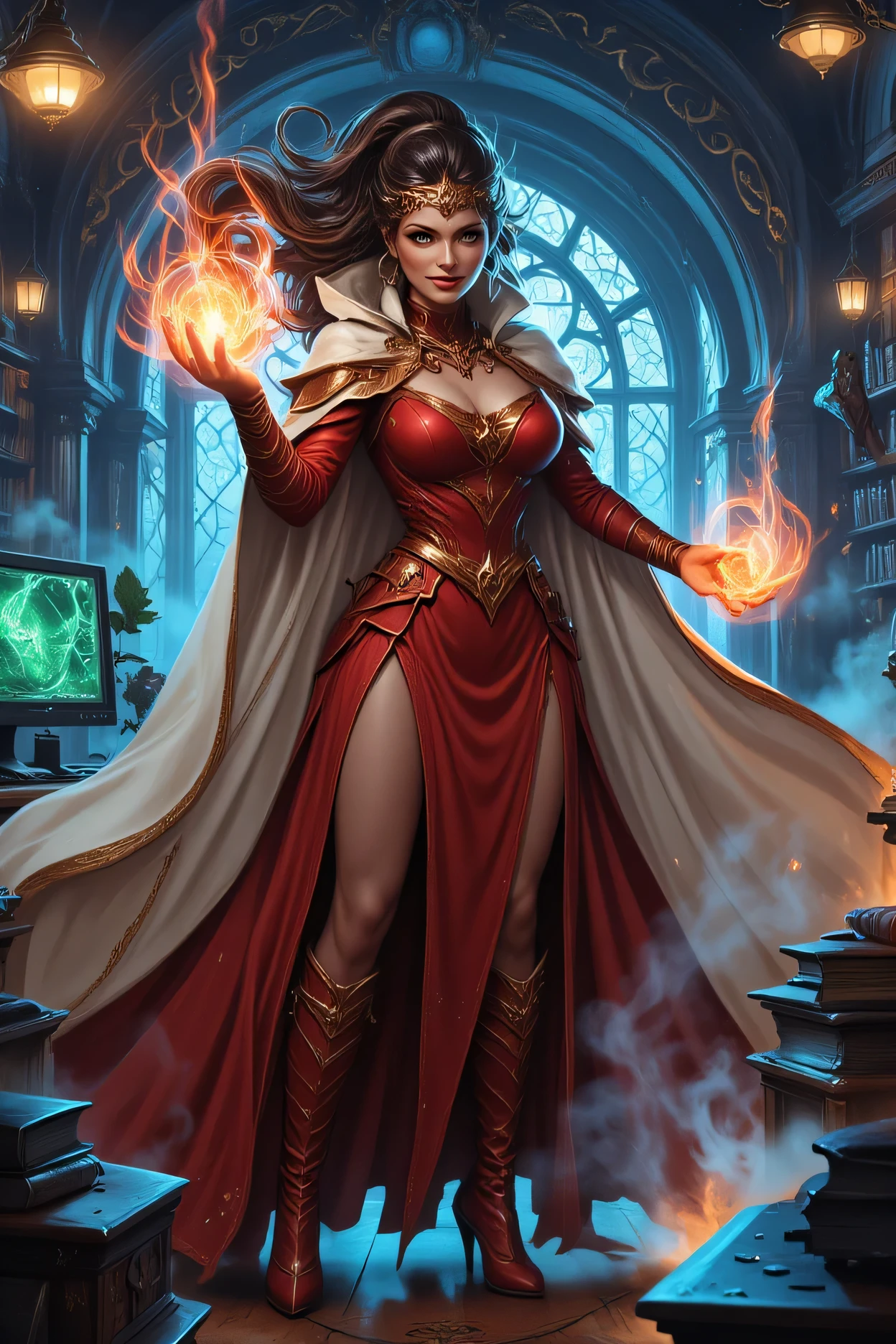 picture of a sorceress casting a spell in science library, exquisite beautiful woman, dynamic hair color, dynamic hair style, ((full body shot: 1.5)), (ultra detailed face: 1.2), best detailed face, high details, best quality, 16k, ((red dress: 1.2), (white cloak: 1.3), high heeled boots, computer lab background, (ultra details, Masterpiece, best quality) masterpiece, best quality, (extremely detailed), full body, ultra wide shot, (ultra details, Masterpiece, best quality), fantasy art, dnd art, fantasy art, realistic art, (ultra details, Masterpiece, best quality), (ultra details, Masterpiece, best quality), 