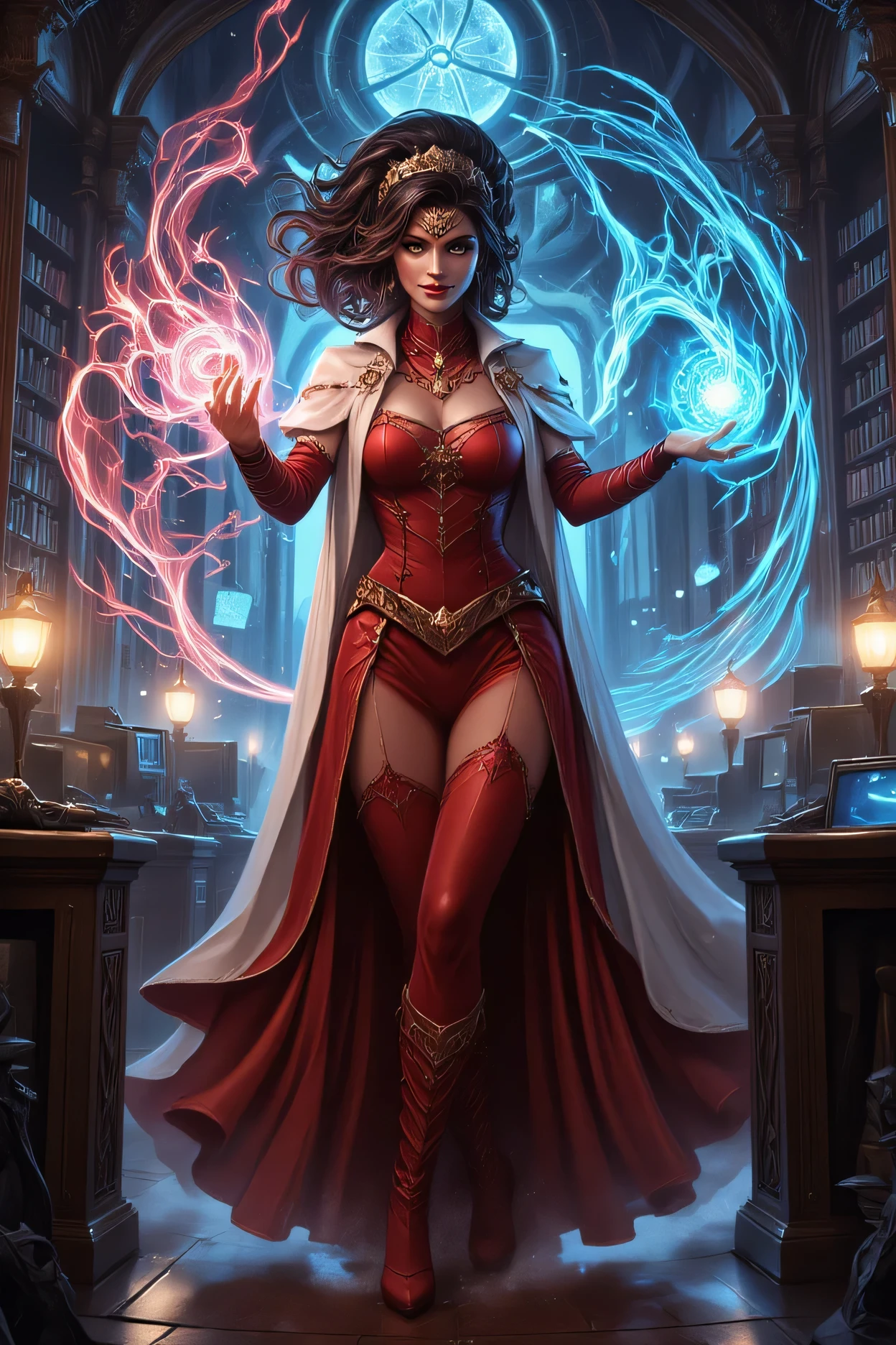 picture of a sorceress casting a spell in science library, exquisite beautiful woman, dynamic hair color, dynamic hair style, ((full body shot: 1.5)), (ultra detailed face: 1.2), best detailed face, high details, best quality, 16k, ((red dress: 1.2), (white cloak: 1.3), high heeled boots, computer lab background, (ultra details, Masterpiece, best quality) masterpiece, best quality, (extremely detailed), full body, ultra wide shot, (ultra details, Masterpiece, best quality), fantasy art, dnd art, fantasy art, realistic art, (ultra details, Masterpiece, best quality), (ultra details, Masterpiece, best quality),