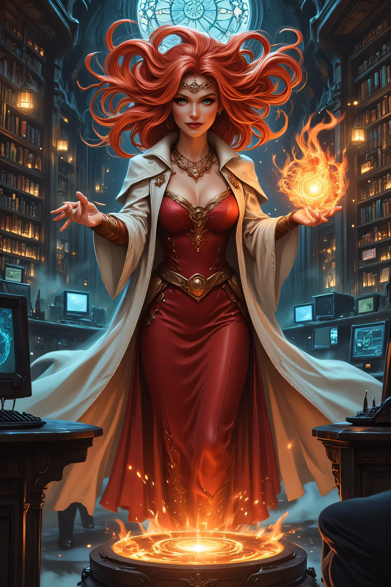 picture of a sorceress casting a chrono magic spell in science library, exquisite beautiful woman, dynamic hair color, dynamic hair style, ((full body shot: 1.5)), (ultra detailed face: 1.2), best detailed face, high details, best quality, 16k, ((red dress: 1.2), (white cloak: 1.3), high heeled boots, computer lab background, (ultra details, Masterpiece, best quality) masterpiece, best quality, (extremely detailed), full body, ultra wide shot, (ultra details, Masterpiece, best quality), fantasy art, dnd art, fantasy art, realistic art, (ultra details, Masterpiece, best quality), (ultra details, Masterpiece, best quality), 