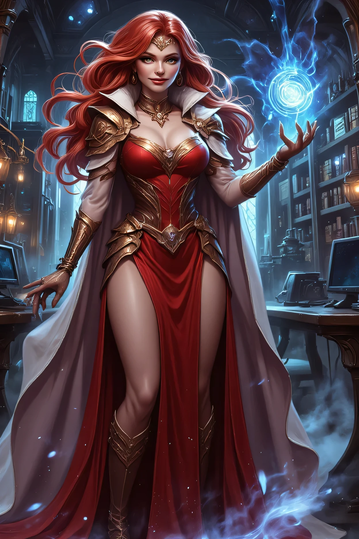 picture of a sorceress casting a chrono magic spell in science library, exquisite beautiful woman, dynamic hair color, dynamic hair style, ((full body shot: 1.5)), (ultra detailed face: 1.2), best detailed face, high details, best quality, 16k, ((red dress: 1.2), (white cloak: 1.3), high heeled boots, computer lab background, (ultra details, Masterpiece, best quality) masterpiece, best quality, (extremely detailed), full body, ultra wide shot, (ultra details, Masterpiece, best quality), fantasy art, dnd art, fantasy art, realistic art, (ultra details, Masterpiece, best quality), (ultra details, Masterpiece, best quality),