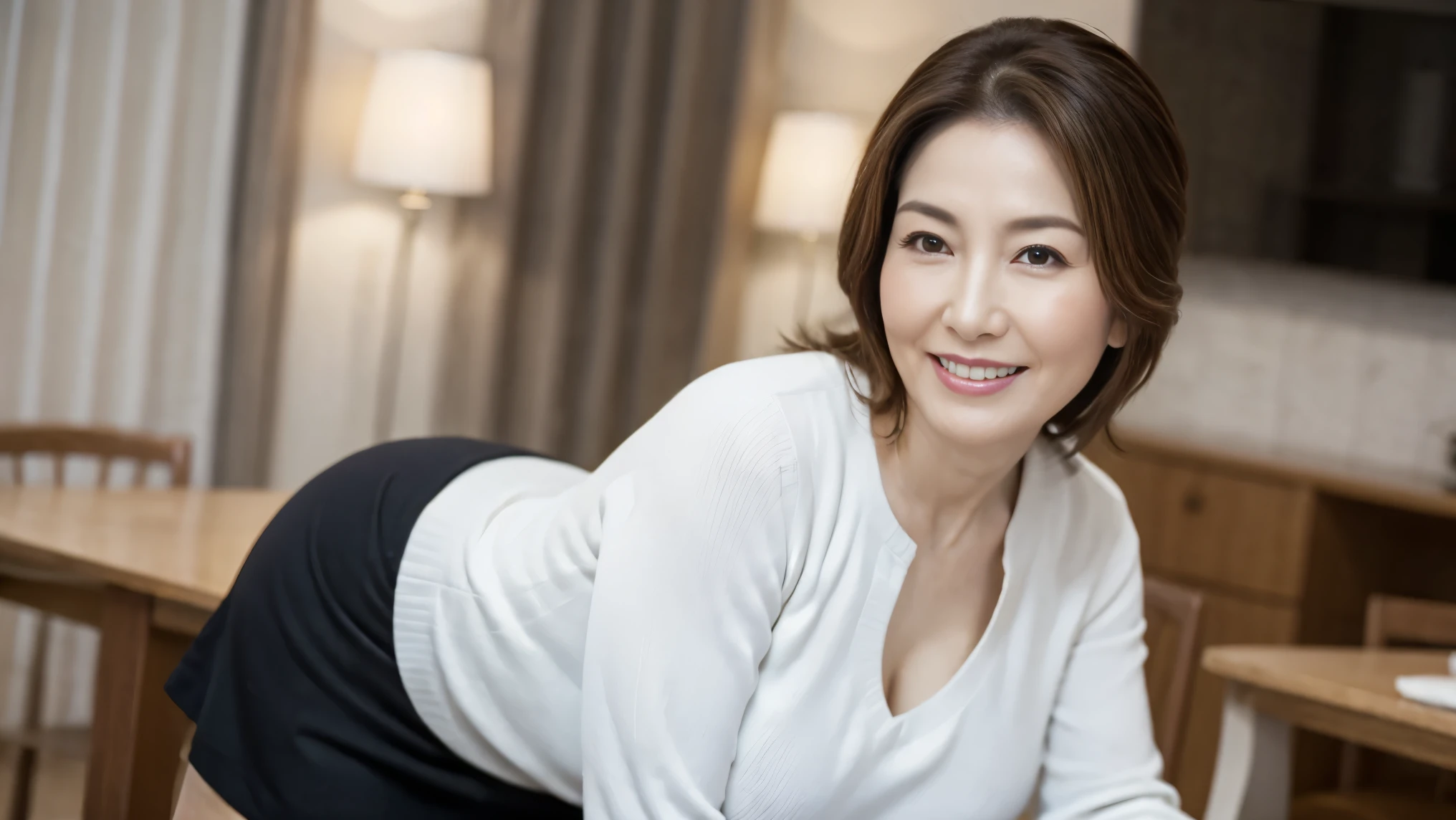 full body shot ,,50 years old, mature woman, Detailsな目, Wrinkles Around Eyes , kind smile, big breasts 1.6 plump body,Round face 1.2, rich,( masterpiece:1.6, top quality), 複雑な Details, the depth of the written boundary, Details, (Knitwear and aprons, skirt),8k, top quality, masterpiece, Ultra High Resolution ,, Search 。 HAIRSTYLE IS RANDOM Sideways pose 1.6.glass