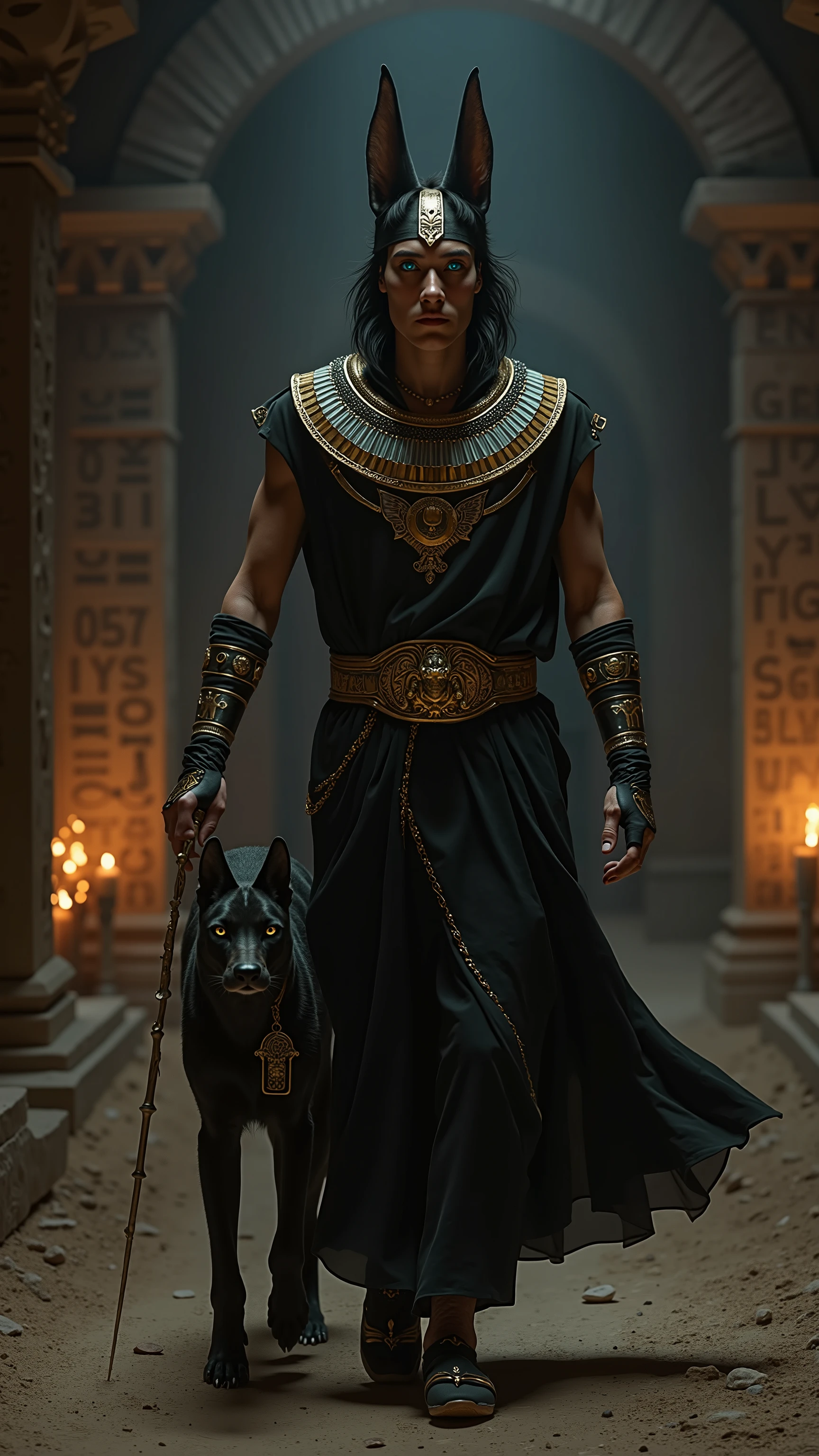 Cillian Murphy reimagined as a majestic Egyptian god Anubis walking and holding golden staff、dramatic atmosphere, 1 male、
sharp, chiseled features with piercing blue eyes that seem to see through souls. Short dark hair. His pale complexion contrasts with the sleek, black jackal headdress that covers his head, with tall, pointed ears and subtle gold accents. His slender, ethereal frame exudes an eerie, timeless authority.
He wears a flowing black linen robe with shimmering gold trim, draped elegantly over his shoulders and cinched at the waist with a wide, ornate gold belt engraved with ancient hieroglyphs. A large gold collar, inlaid with obsidian and onyx, rests on his shoulders, reflecting the faint torchlight. His forearms are wrapped in dark leather bracers decorated with gold symbols of death and the afterlife, and his fingers are adorned with gold rings shaped like ankhs and scarabs. In his left hand, he holds a golden staff, while a glowing ankh dangles from his right hand. A sleek black jackal, his sacred animal, stands silently at his side, eyes glowing faintly in the darkness.
, shows his male character's full figure, athletic body, perfect face, full body, extremely beautiful, god, male shape, perfect anatomy, The background showcases A dimly lit tomb with ancient stone walls covered in faded hieroglyphs, flickering torches casting long shadows, and a misty pathway leading into the underworld, photorealistic, masterpiece, realistic, high contrast, 8k, HD, high definition detailed, detailed, hyper detailed, realistic skin texture, best quality, ultra high resolution, hyper realistic, no text, very detailed eyes, dramatic lighting