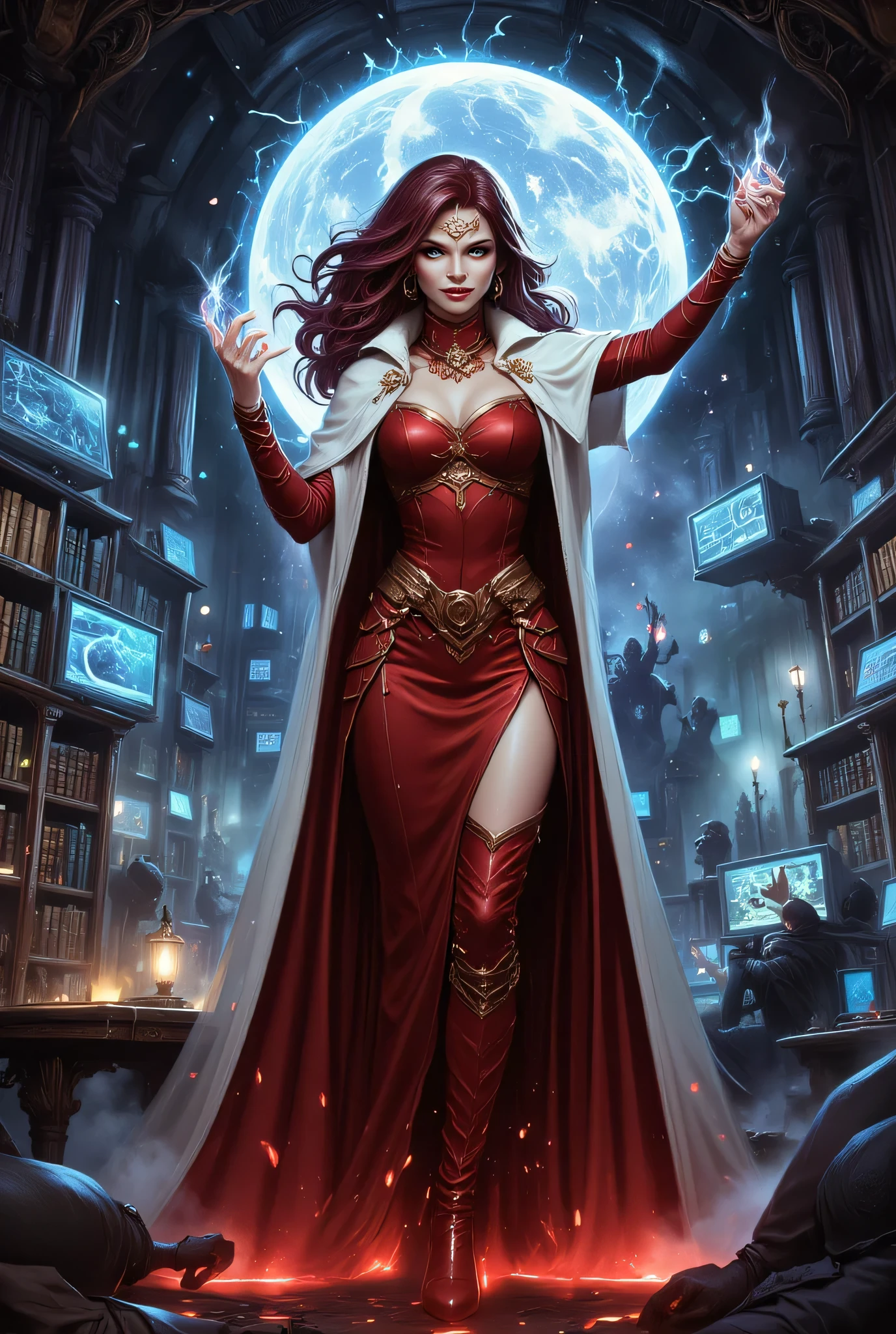 picture of a sorceress casting a Chronomancy magic spell in science library, exquisite beautiful woman, dynamic hair color, dynamic hair style, ((full body shot: 1.5)), (ultra detailed face: 1.2), best detailed face, high details, best quality, 16k, ((red dress: 1.2), (white cloak: 1.3), high heeled boots, computer lab background, (ultra details, Masterpiece, best quality) masterpiece, best quality, (extremely detailed), full body, ultra wide shot, (ultra details, Masterpiece, best quality), fantasy art, dnd art, fantasy art, realistic art, (ultra details, Masterpiece, best quality), (ultra details, Masterpiece, best quality),