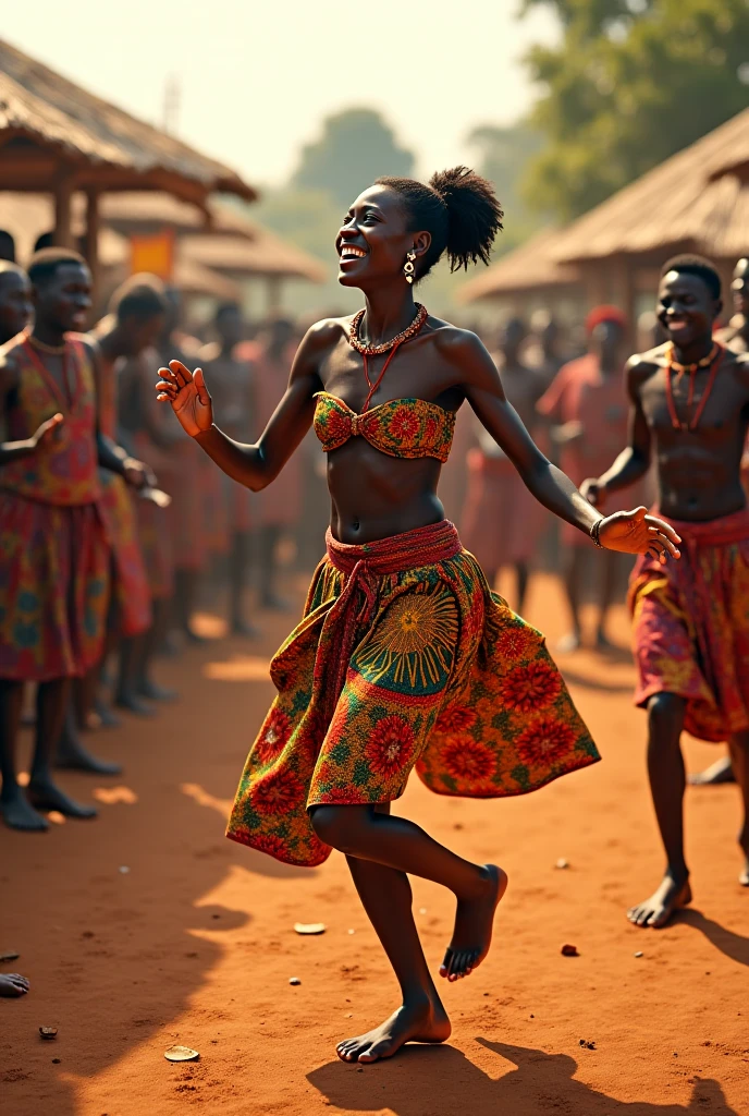 African festival with dancers and drummers, people watching