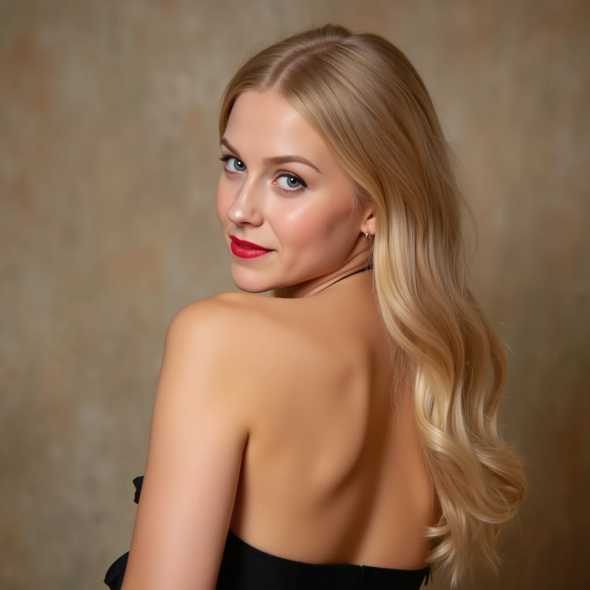 A portrait of a young woman with a side profile. She has long, wavy blond hair that cascades down her back, and her skin appears smooth with a soft glow. Her eyes are captivating lined with makeup, makeup, red lipstick, with a hint of contemplation. The background is muted, with a blend of beige and brown tones, giving the portrait a classic and timeless feel. wearing backless black dress, revealing the contours of her back and shoulder., painting