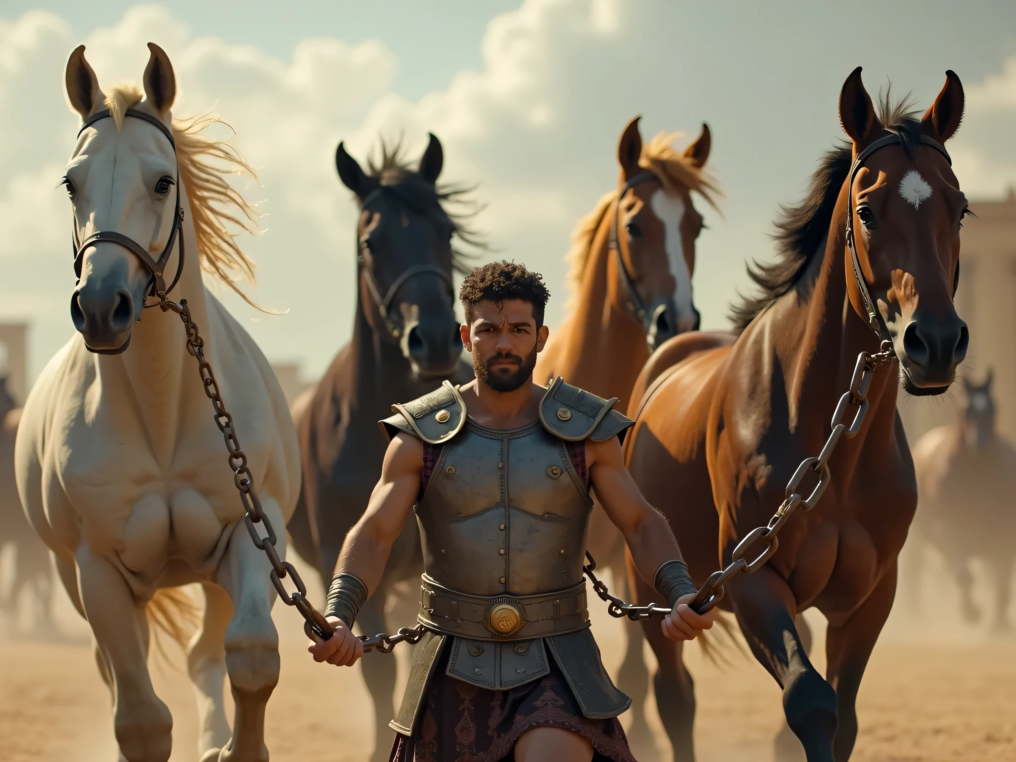 "A young man in ancient Greek armor is leading four oversized horses with thick chains. The chains go from the horses' bridles to the young man's hands. The horses are different colors: white, black, chestnut, and caramel. The scene is set in ancient Greece, with dramatic and realistic elements."