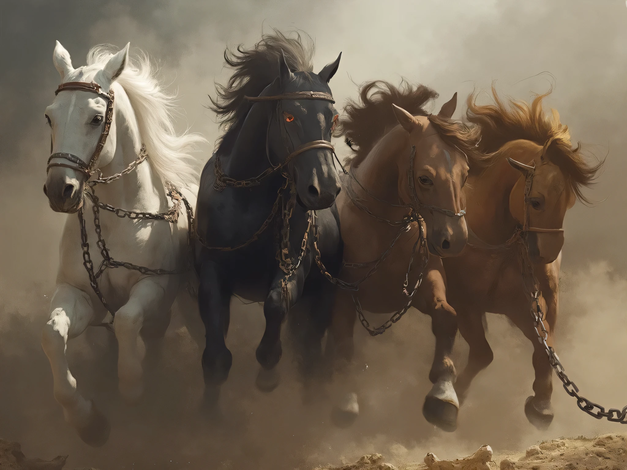 four oversized horses with thick chains. The chains go from the horses' bridles. The horses are different colors: white, black, chestnut, and caramel. The scene is set in ancient Greece, with dramatic and realistic elements."