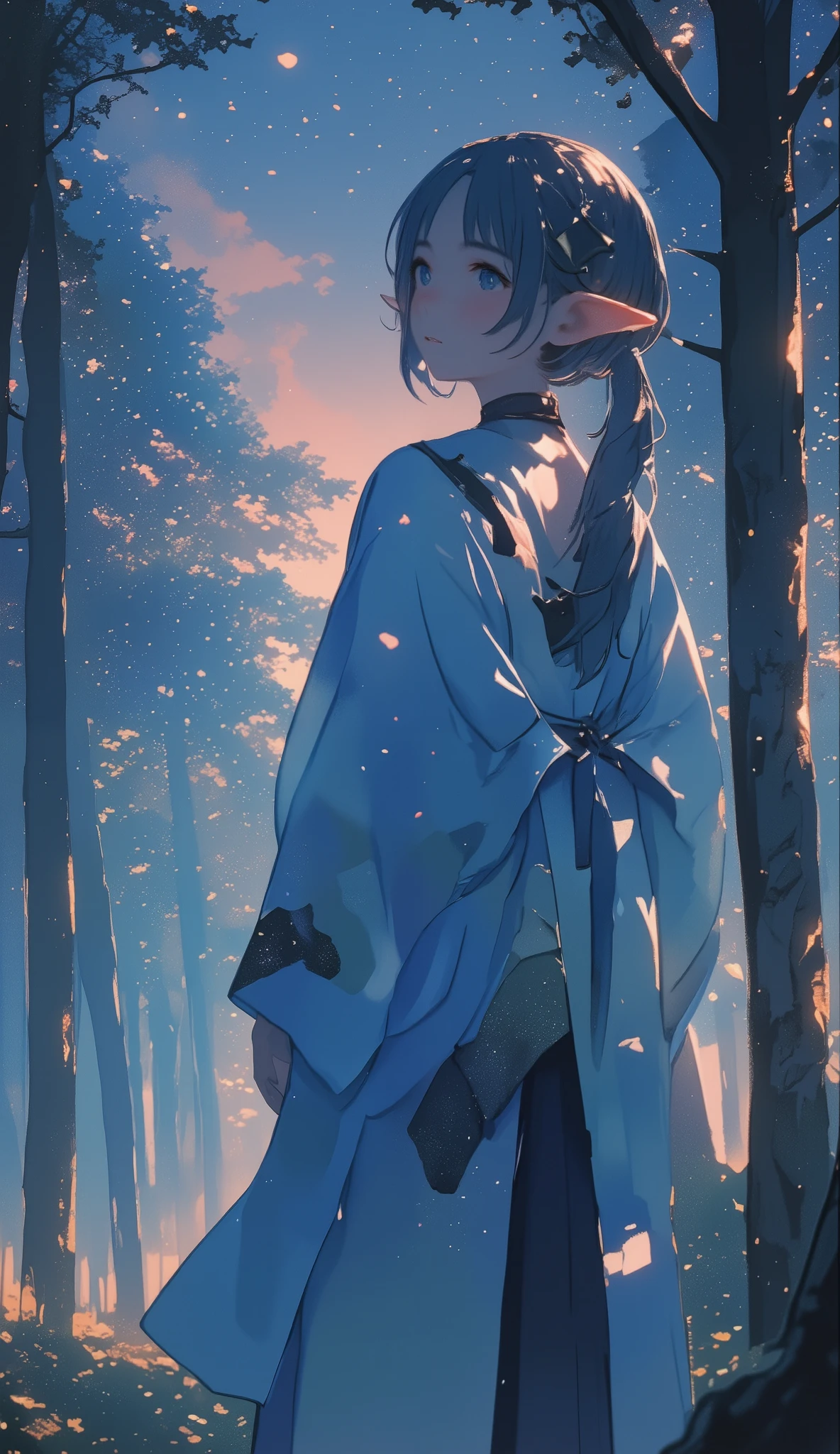 quality\(8k,highly detailed CG unit wallpaper, masterpiece, Hi-Res,top- quality,top- quality real texture Skin, surreal, resolution, RAW Photo,highest quality, very well detailed, wallpaper\),break、(((god'secretな霧、 Dry Ice Haze 、god'secret、god々Shii、god feeling forest)))、Walking in the forest、 long hit 、The target is small、Beautiful Shii dark forest、 fade to black 、 gradation 、break、1 person'S、 cute、 elf ears、Elf national costume、 looks up、 side shot 、Beautiful Shii profile、 looks up、Almost black blue sky 、Stars and Clouds、A fresh perspective、break、 overall dark、 Movie Lighting、Extremely Sophisticated Lighting 、