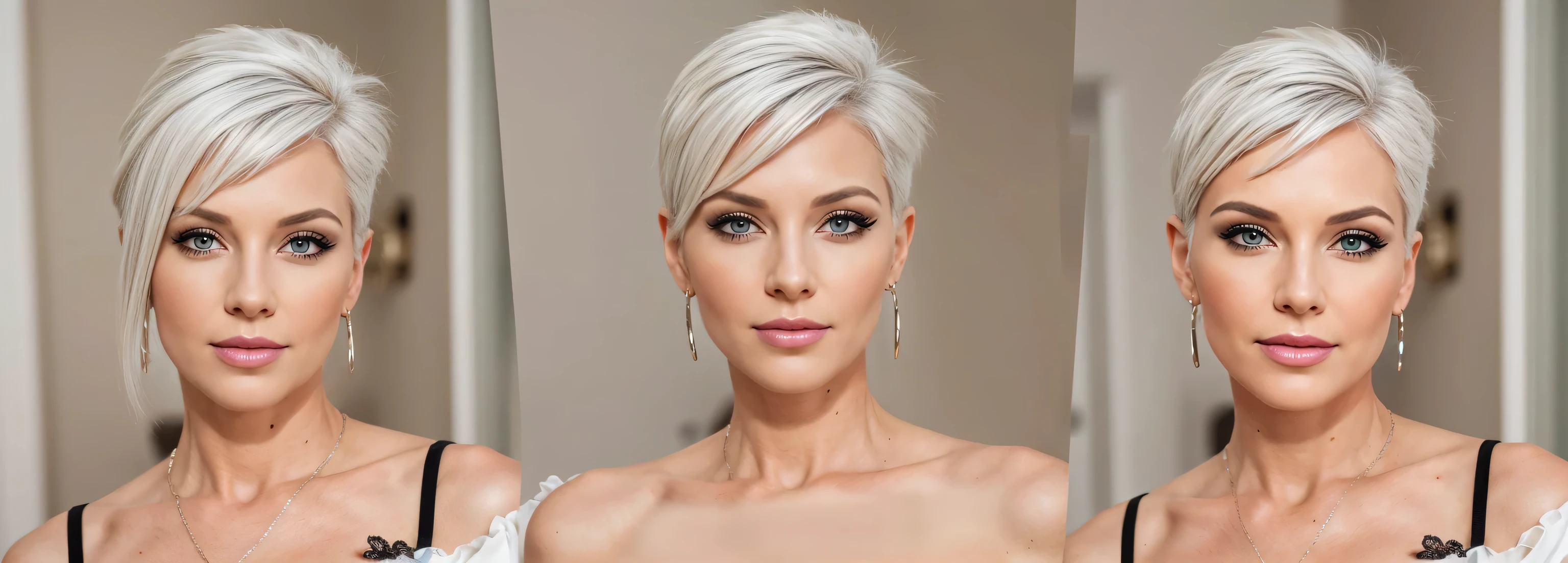 , (((masterpiece))), (high quality), ((peerless masterpiece, best quality,)),(8k, RAW photo: 1.2), portrait of a beautiful woman, milf,dressed in a black outfit,with a shabby countenance, blonde pixie cut hair,