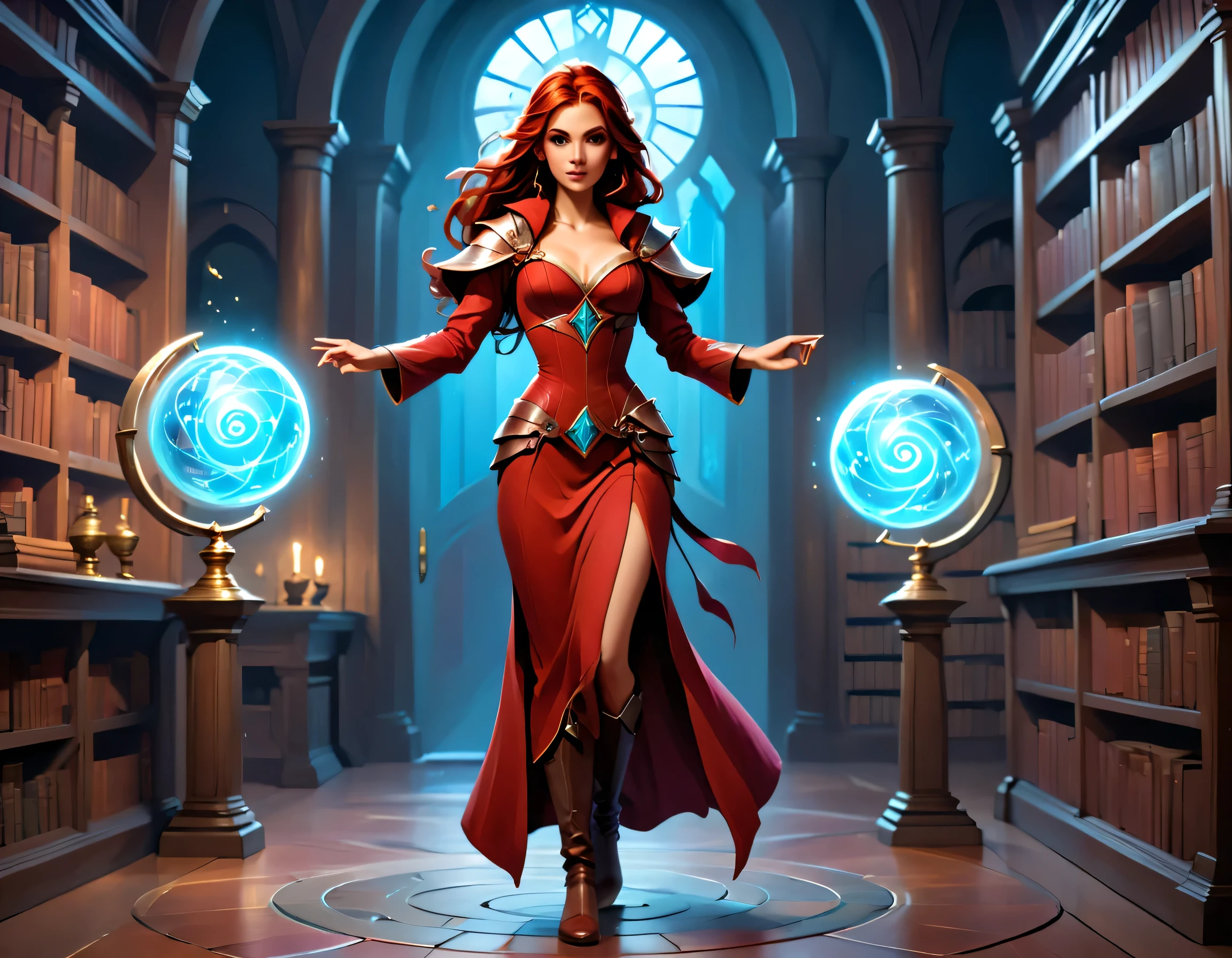 picture of a sorceress casting a chrono magic spell in science library, exquisite beautiful woman, dynamic hair color, dynamic hair style, ((full body shot: 1.5)), (ultra detailed face: 1.2), best detailed face, high details, best quality, 16k, ((red dress: 1.2), (white cloak: 1.3), high heeled boots, computer lab background, (ultra details, Masterpiece, best quality) masterpiece, best quality, (extremely detailed), full body, ultra wide shot, (ultra details, Masterpiece, best quality), fantasy art, dnd art, fantasy art, realistic art, (ultra details, Masterpiece, best quality), (ultra details, Masterpiece, best quality), ChronomancyAI