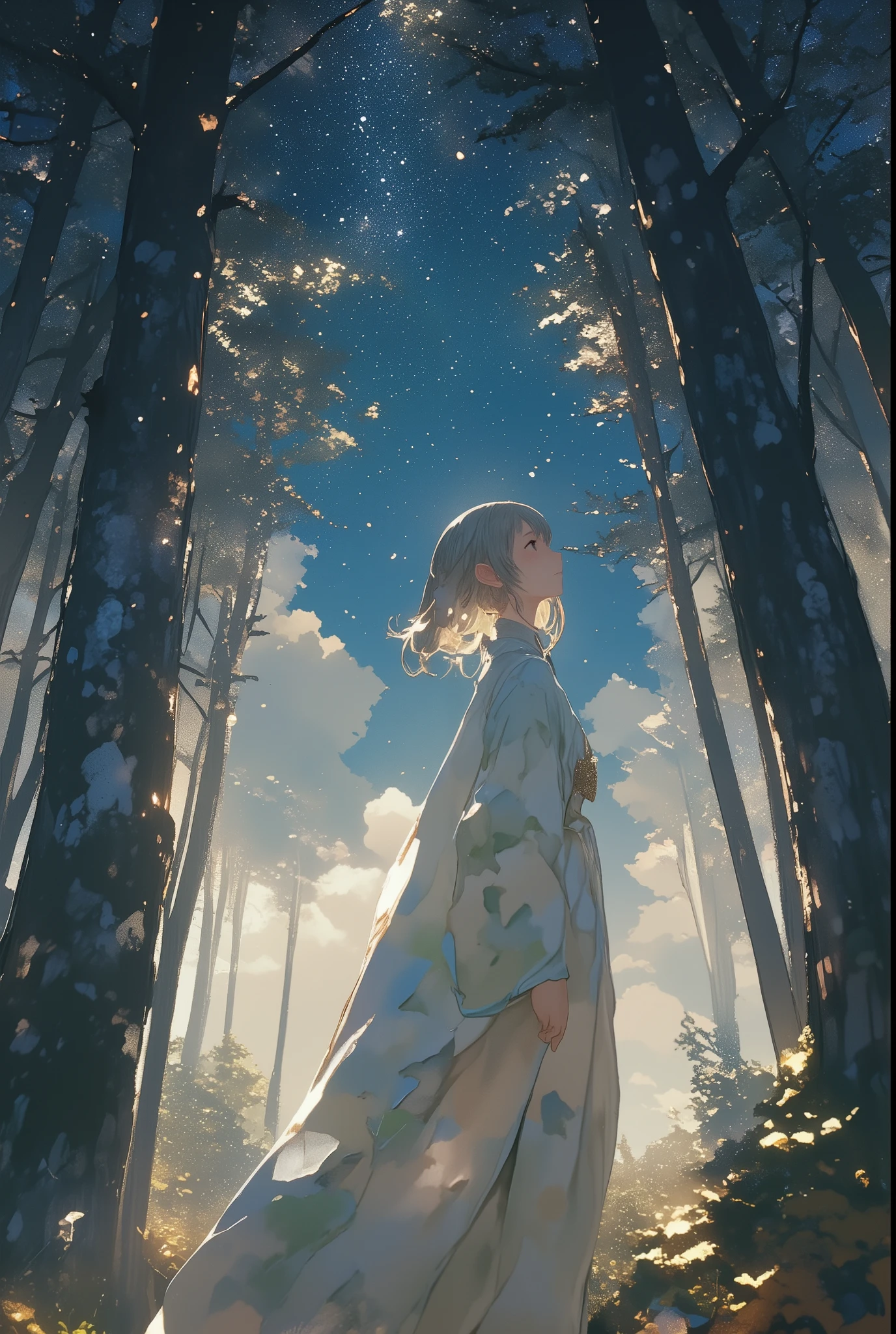 quality\(8k,highly detailed CG unit wallpaper, masterpiece, Hi-Res,top- quality,top- quality real texture Skin, surreal, resolution, RAW Photo,highest quality, very well detailed, wallpaper\),break、(((god'secretな霧、 Dry Ice Haze 、god'secret、god々Shii、god feeling forest)))、Walking in the forest、 long hit 、The target is small、Beautiful Shii dark forest、 fade to black 、 gradation 、break、1 person'S、 ((( cute、 elf ears、Elf national costume)))、 looks up、 side shot 、Beautiful Shii profile、 looks up、Almost black blue sky 、Stars and Clouds、A fresh perspective、break、 overall dark、 Movie Lighting、Extremely Sophisticated Lighting 、