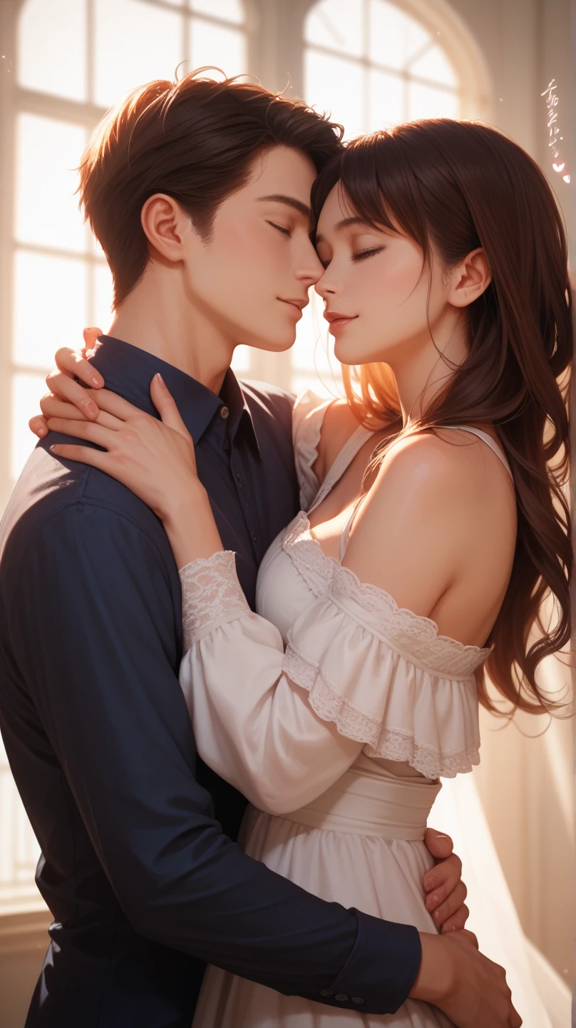 8k,anime,super detail, A beautiful woman with her man hugging as a couple and loving looks, romantic background, poetic place, effects, lighting, realistic, anime
