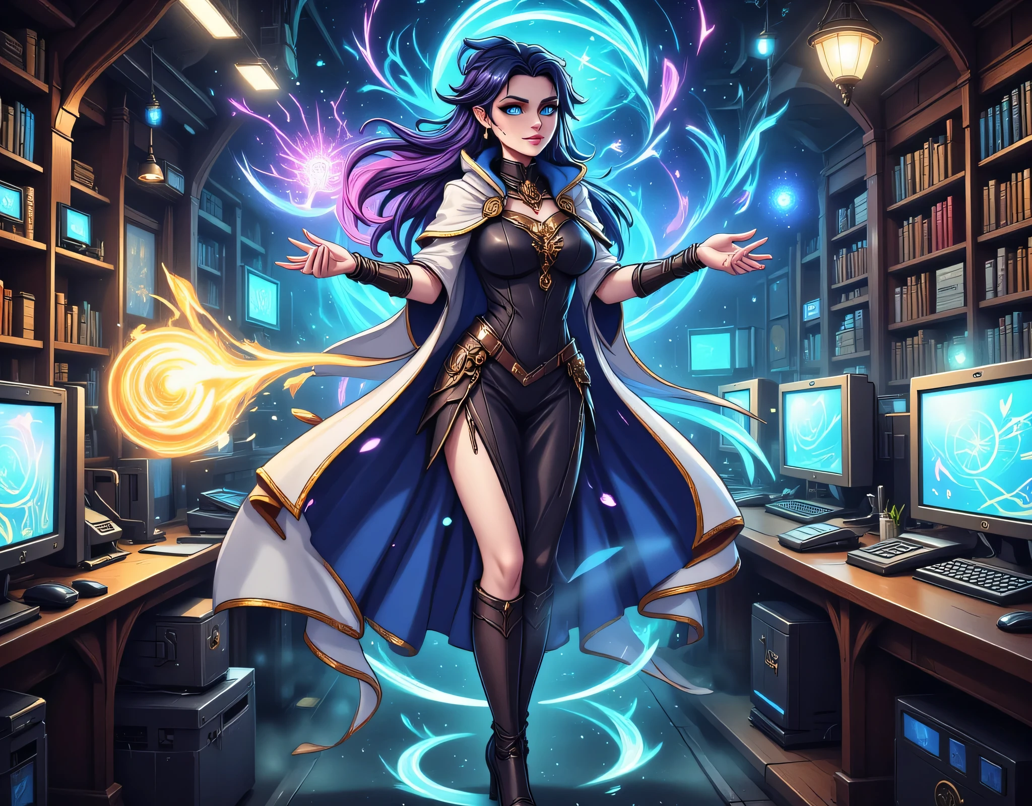 picture of a sorceress casting a Chronomancy magic spell in science library, exquisite beautiful woman, dynamic hair color, dynamic hair style, ((full body shot: 1.5)), (ultra detailed face: 1.2), best detailed face, high details, best quality, 16k, ((black dress: 1.2), (white cloak: 1.3), high heeled boots, computer lab background, (ultra details, Masterpiece, best quality) masterpiece, best quality, (extremely detailed), full body, ultra wide shot, (ultra details, Masterpiece, best quality), fantasy art, dnd art, fantasy art, realistic art, (ultra details, Masterpiece, best quality), (ultra details, Masterpiece, best quality), 