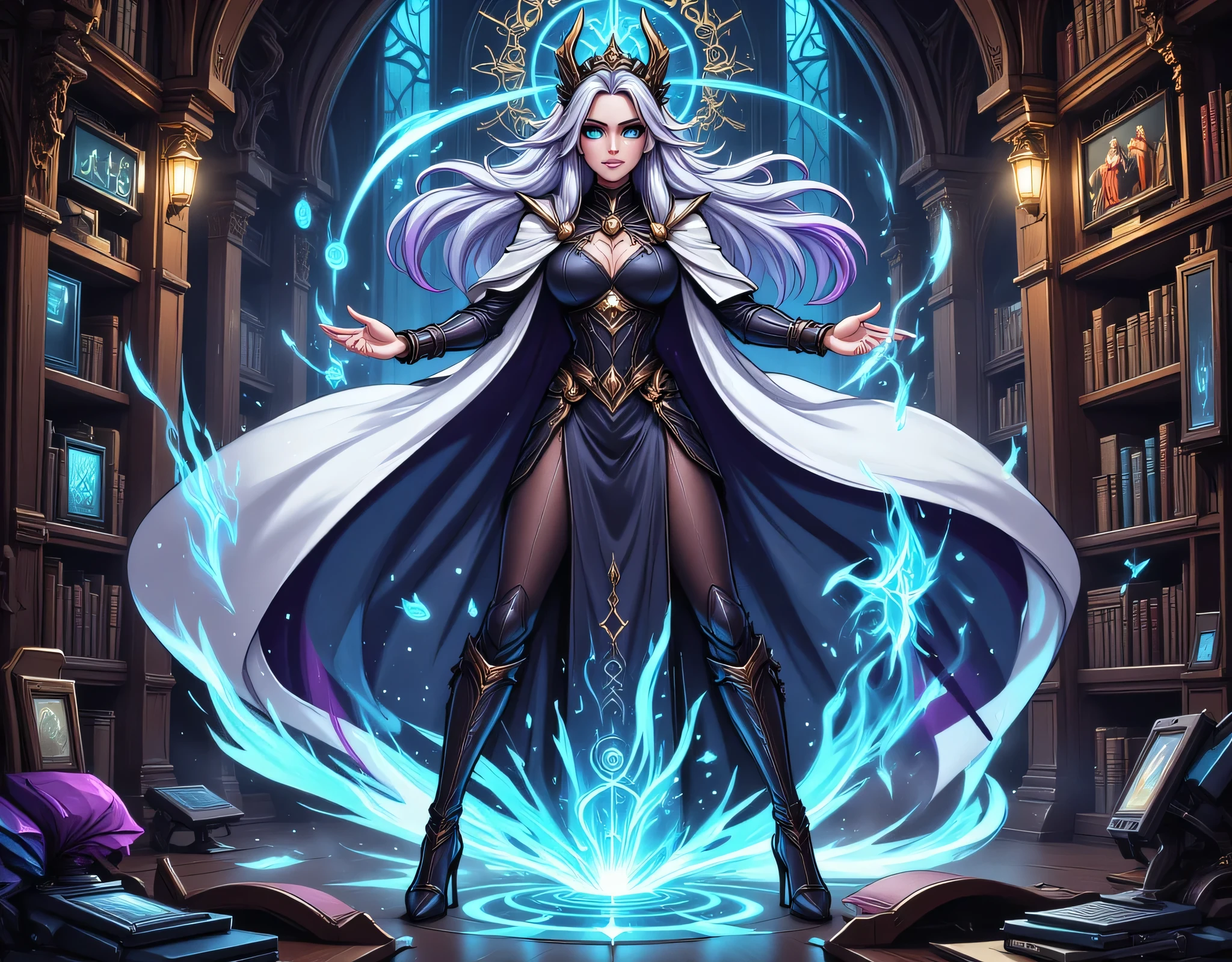 picture of a sorceress casting a Chronomancy magic spell in science library, exquisite beautiful woman, dynamic hair color, dynamic hair style, ((full body shot: 1.5)), (ultra detailed face: 1.2), best detailed face, high details, best quality, 16k, ((black dress: 1.2), (white cloak: 1.3), high heeled boots, computer lab background, (ultra details, Masterpiece, best quality) masterpiece, best quality, (extremely detailed), full body, ultra wide shot, (ultra details, Masterpiece, best quality), fantasy art, dnd art, fantasy art, realistic art, (ultra details, Masterpiece, best quality), (ultra details, Masterpiece, best quality),