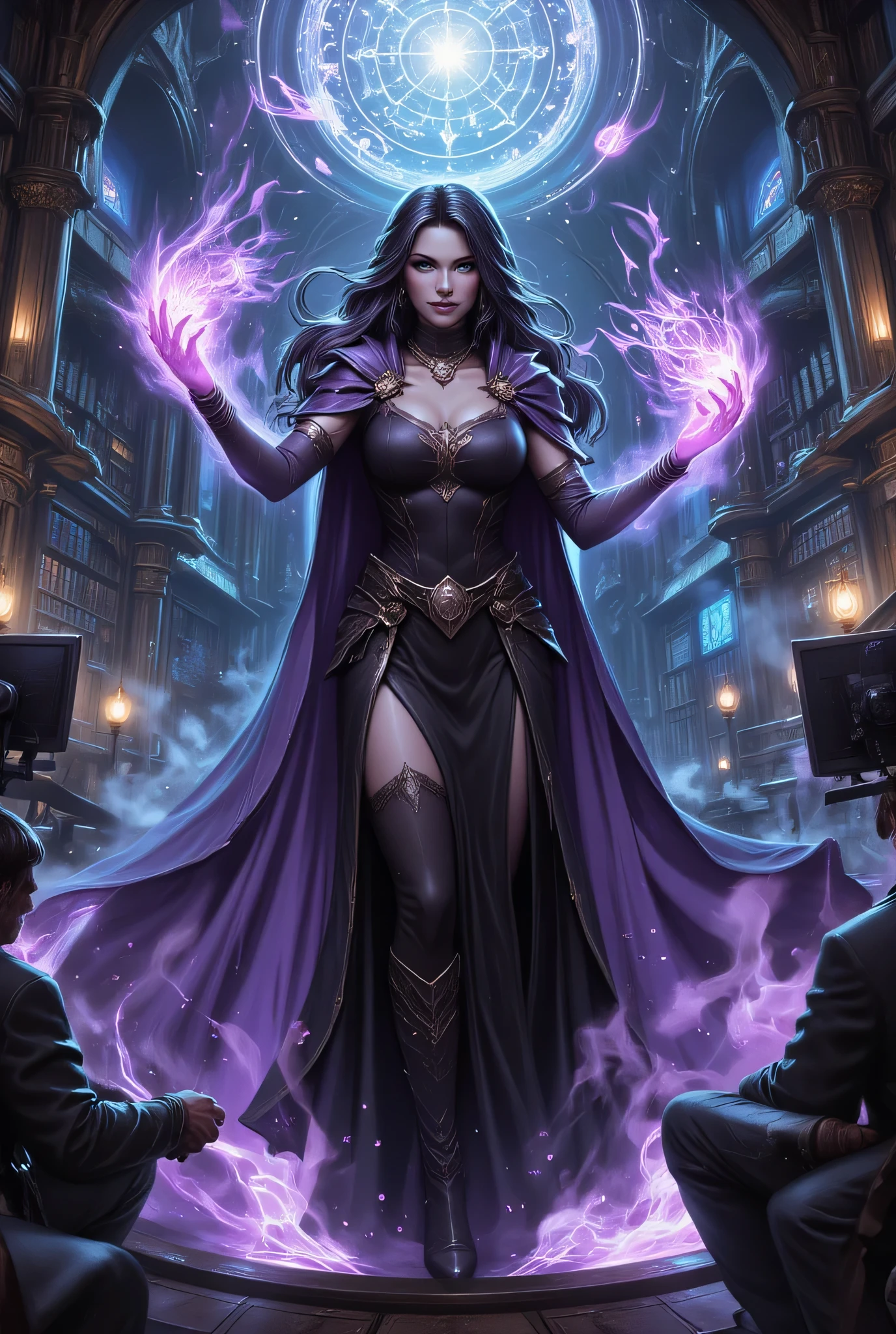 picture of a sorceress casting a Chronomancy magic spell in science library, exquisite beautiful woman, dynamic hair color, dynamic hair style, ((full body shot: 1.5)), (ultra detailed face: 1.2), best detailed face, high details, best quality, 16k, ((black dress: 1.3), (lavender cloak: 1.3), high heeled boots, computer lab background, (ultra details, Masterpiece, best quality) masterpiece, best quality, (extremely detailed), full body, ultra wide shot, (ultra details, Masterpiece, best quality), fantasy art, dnd art, fantasy art, realistic art, (ultra details, Masterpiece, best quality), (ultra details, Masterpiece, best quality),
