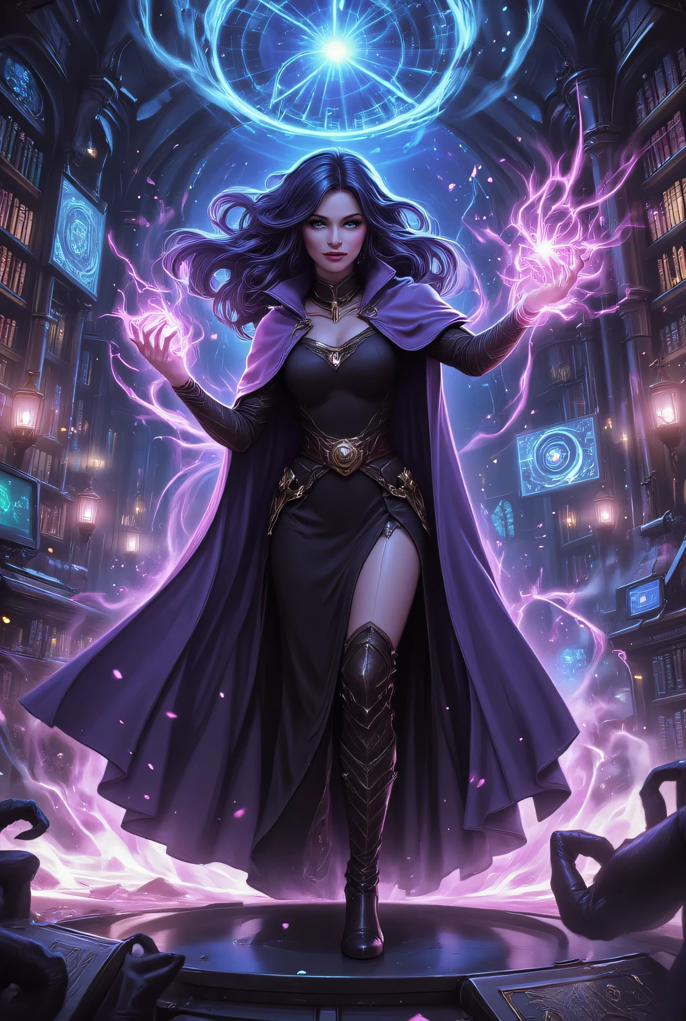 picture of a sorceress casting a Chronomancy magic spell in science library, exquisite beautiful woman, dynamic hair color, dynamic hair style, ((full body shot: 1.5)), (ultra detailed face: 1.2), best detailed face, high details, best quality, 16k, ((black dress: 1.3), (lavender cloak: 1.3), high heeled boots, computer lab background, (ultra details, Masterpiece, best quality) masterpiece, best quality, (extremely detailed), full body, ultra wide shot, (ultra details, Masterpiece, best quality), fantasy art, dnd art, fantasy art, realistic art, (ultra details, Masterpiece, best quality), (ultra details, Masterpiece, best quality),
