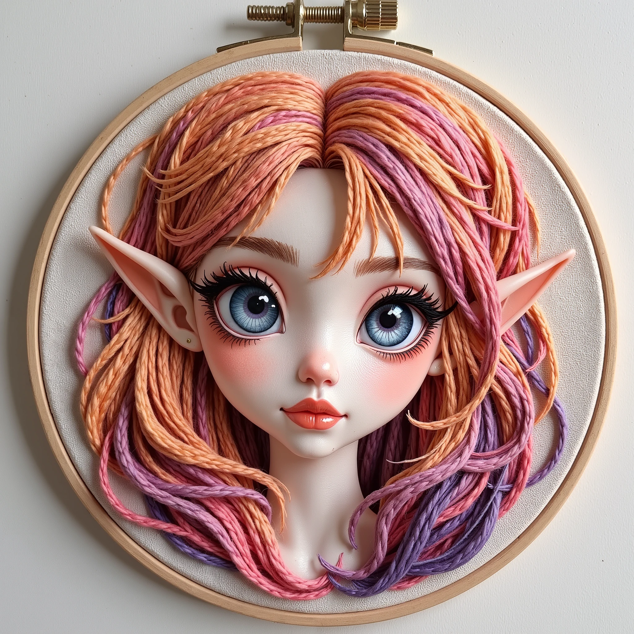 Close-up view of a circular embroidery hoop showcasing a beautiful elf face meticulously embroidered on light-colored cloth. The elf's face is rendered with rose petal-like delicacy using embroidery techniques, creating a realistic three-dimensional effect. Her hair is stitched in vibrant hues of deep oranges, pinks, soft peaches, and purples, mirroring the variations in shading and texture of rose petals. Her eyes are embroidered to resemble clear glass vases, reflecting light and giving her a lively expression. The contours of her face, nose, and lips are also precisely defined with intricate stitching. The background is a simple, off-white textured cloth, allowing the vibrant colors and intricate details of the elf's face to stand out prominently.