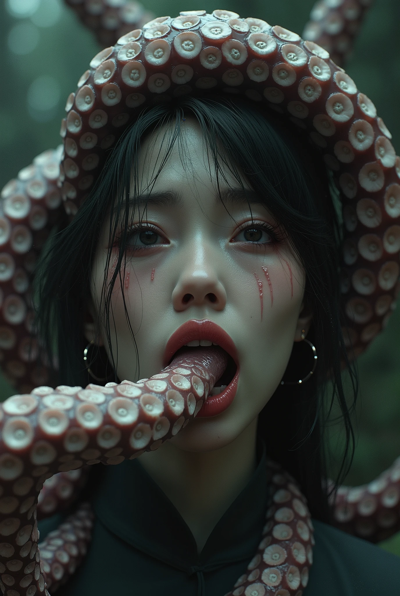 masterpiece, 8k, photorealistic, raw photo, beautiful Japanese woman in skirt suit, detailed face, crying, wrapped by large tentacles, a tentacle penetrates her mouth, tentacle sex, nightmare