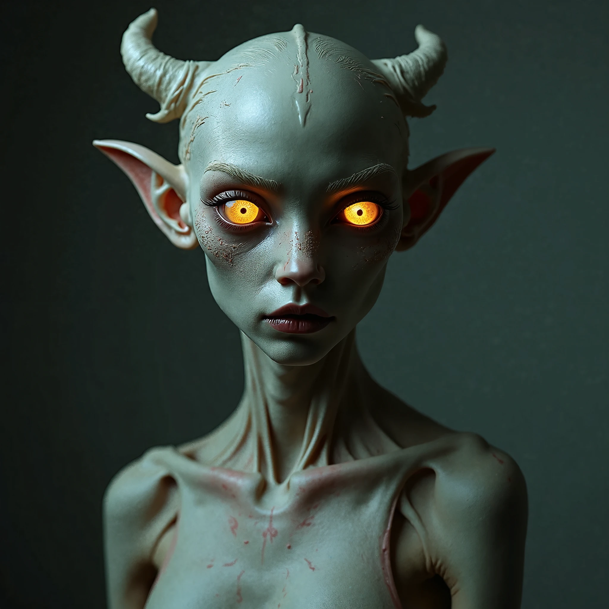 A hyper-realistic, front-facing image focusing on the bust of a female Karnathi humanoid character. The image should emphasize the intricate details of her facial features, skin texture, and distinctive horns.
Facial Features: The Karnathi has a human-like face, with refined and expressive features. Her skin is a light gray with a smooth, almost porcelain texture, giving her a striking appearance. Her eyes are a soft, glowing orange, large and almond-shaped, conveying intelligence and depth. Her expression is calm yet confident, with subtle details such as fine lines around the eyes and lips that add realism to her appearance.
Horns and Protrusions: She has four prominent horns that crown her head. The outer two horns are more prominent but still relatively short, curving slightly upwards from the upper outer edges of her skull. The inner two horns are thinner and shorter, positioned closer together on the top center of her head. These horns are made of a smooth, bone-like material, with a subtle texture that catches the light, adding depth and dimension to their appearance.
Skin and Scales: Her skin is a soft, light gray, with small, smooth bone-like scales subtly visible on her forehead, shoulders, and collarbone. These scales are lighter in tone, creating a gentle contrast against her skin and adding texture to her appearance without overwhelming her human-like features. The scales are arranged in a natural, organic pattern that enhances her otherworldly beauty.
Busto and Clothing: The image captures her bust, showcasing her strong, muscular build. She wears a simple yet distinct garment that contrasts with her skin tone, highlighting her athletic physique. The clothing is detailed enough to suggest texture and material but remains secondary to the focus on her facial features and horns.
Background: The background is neutral and understated, ensuring that the attention remains on the Karnathi's detailed and lifelike portrayal. Soft lighting highlights the co