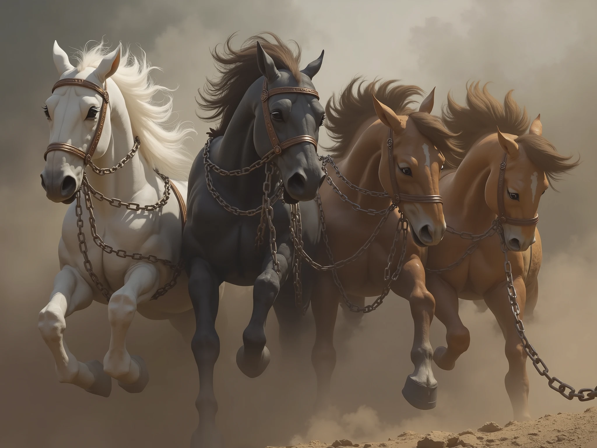 four oversized horses with thick chains. The chains go from the horses' bridles. The horses are different colors: white, black, chestnut, and caramel. The scene is set in ancient Greece, with dramatic and realistic elements."