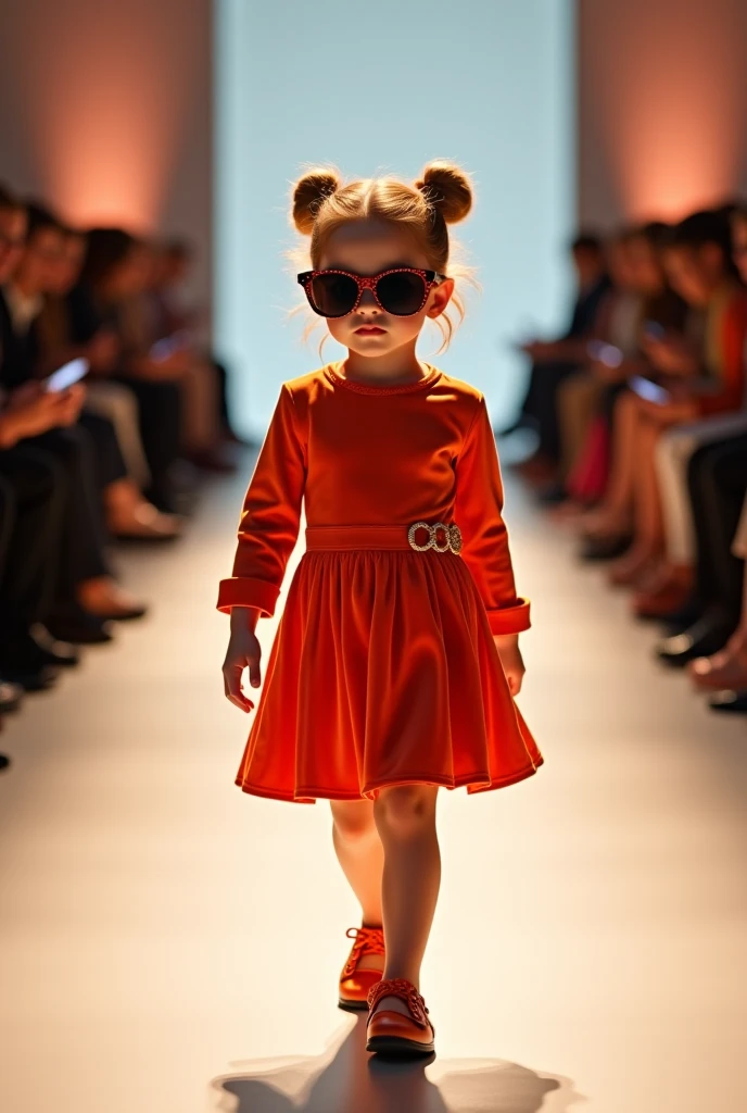 "A stylish baby girl walking confidently on a fashion runway, wearing a velvet designer dress oringecolour and big sunglasses."