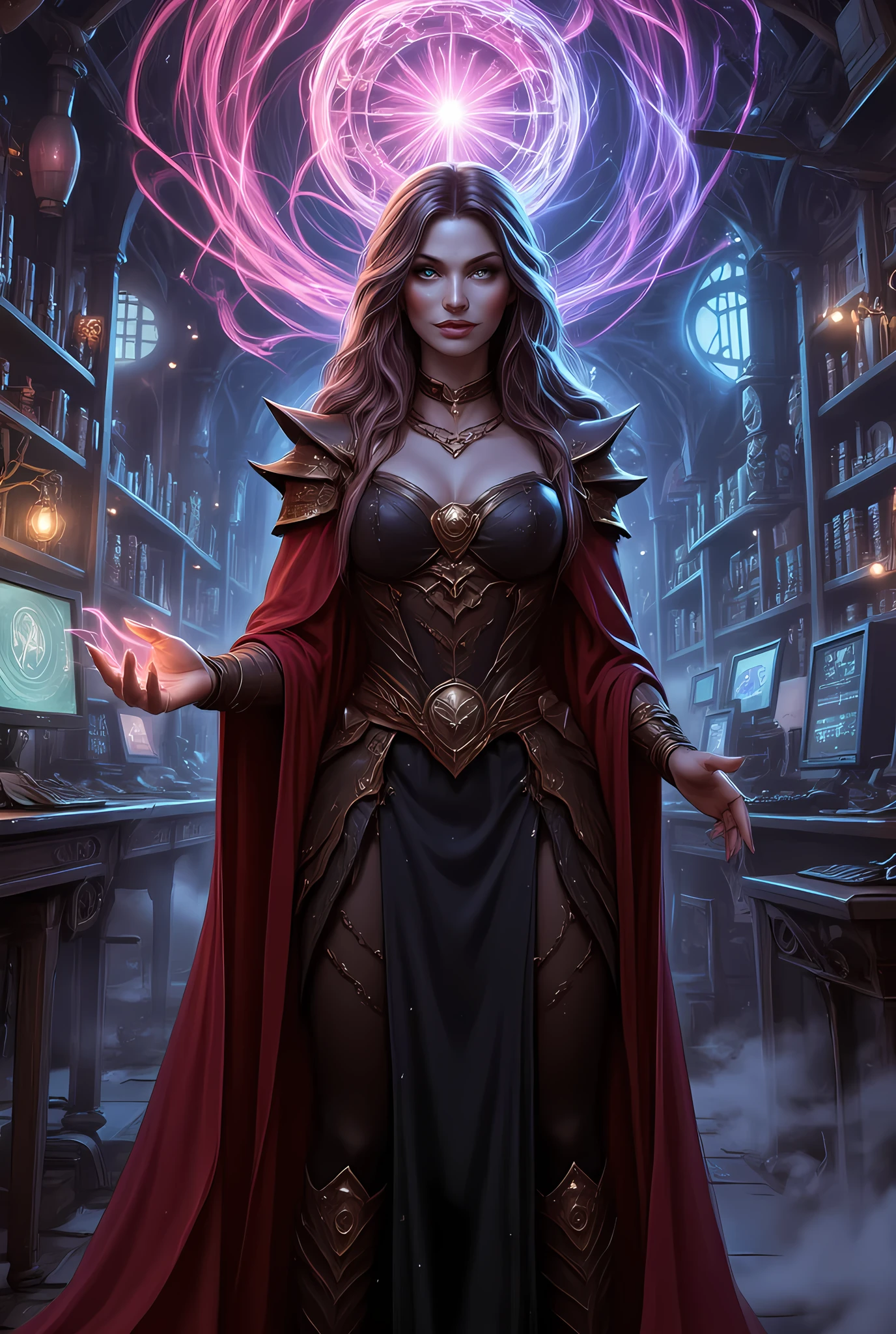 picture of a sorceress casting a Chronomancy magic spell in science library, exquisite beautiful woman, dynamic hair color, dynamic hair style, ((full body shot: 1.5)), (ultra detailed face: 1.2), best detailed face, high details, best quality, 16k, ((black dress: 1.3), (red cloak: 1.3), high heeled boots, computer lab background, (ultra details, Masterpiece, best quality) masterpiece, best quality, (extremely detailed), full body, ultra wide shot, (ultra details, Masterpiece, best quality), fantasy art, dnd art, fantasy art, realistic art, (ultra details, Masterpiece, best quality), (ultra details, Masterpiece, best quality),