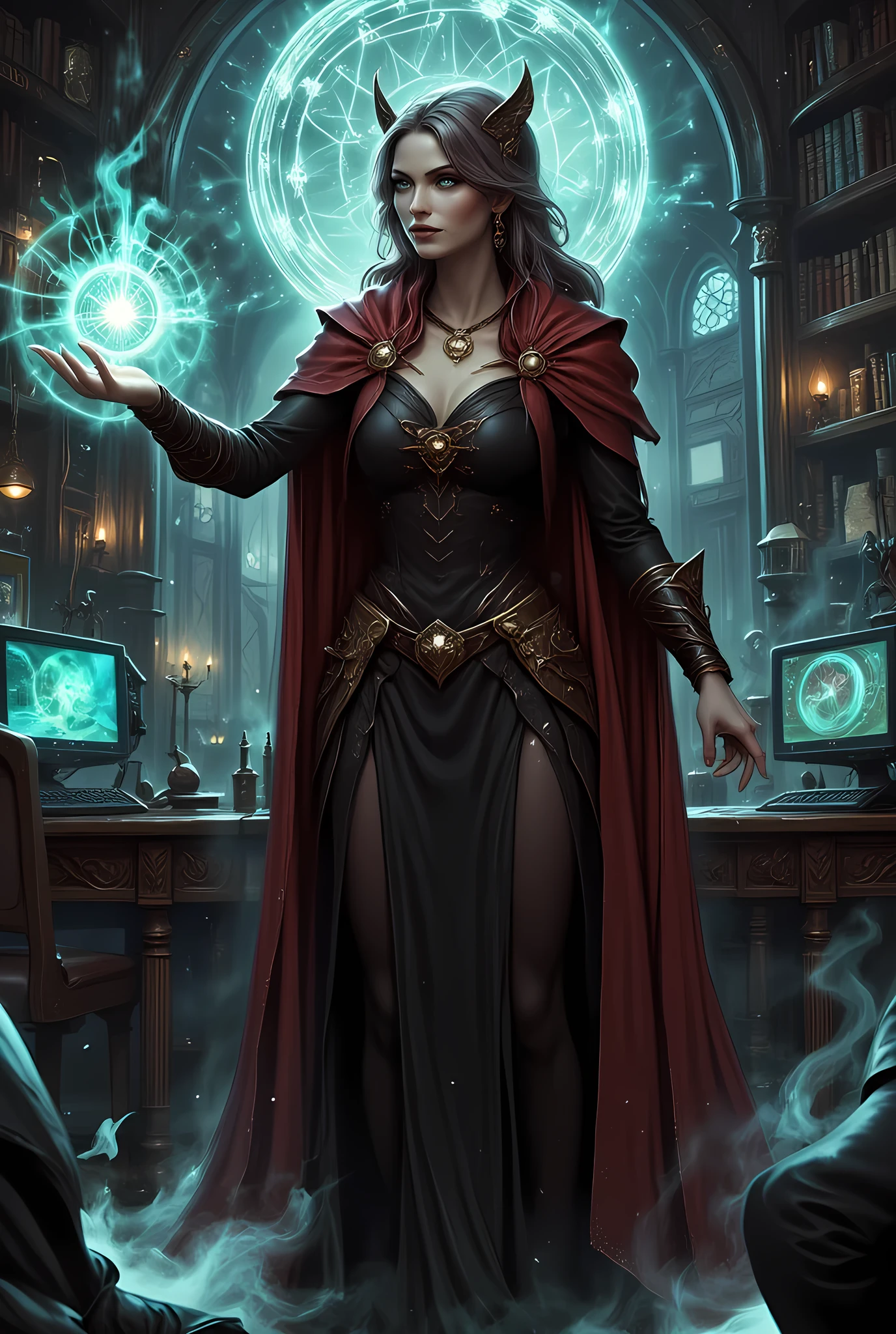 picture of a sorceress casting a Chronomancy magic spell in science library, exquisite beautiful woman, dynamic hair color, dynamic hair style, ((full body shot: 1.5)), (ultra detailed face: 1.2), best detailed face, high details, best quality, 16k, ((black dress: 1.3), (red cloak: 1.3), high heeled boots, computer lab background, (ultra details, Masterpiece, best quality) masterpiece, best quality, (extremely detailed), full body, ultra wide shot, (ultra details, Masterpiece, best quality), fantasy art, dnd art, fantasy art, realistic art, (ultra details, Masterpiece, best quality), (ultra details, Masterpiece, best quality),