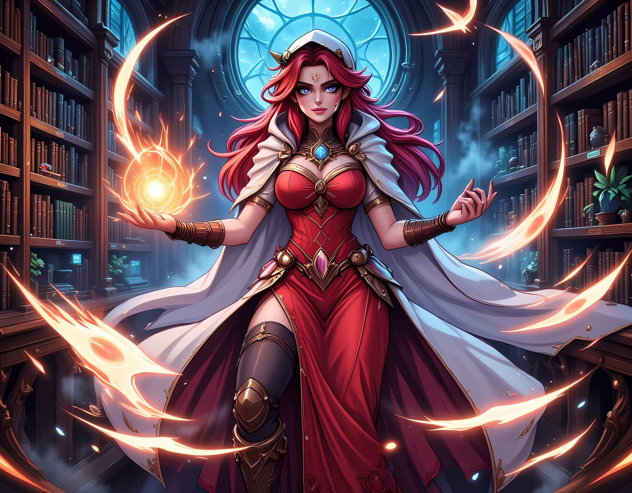 a masterwork picture of a sorceress casting a spell in magical library, exquisite beautiful woman, dynamic hair color, dynamic hair style, ((full body shot: 1.5)), ((anatomically correct: 1.5)),  (ultra detailed face: 1.2), best detailed face,  high details, best quality, 16k, [ultra detailed], masterpiece, best quality, (extremely detailed), full body, ultra wide shot, (ultra details, Masterpiece, best quality), fantasy art, dnd art,fantasy art, realistic art,  (ultra details, Masterpiece, best quality), exquisite beautiful human woman (ultra details, Masterpiece, best quality), red hair, long hair, (long black dress: 1.2), (white cloak: 1.3), high heeled boots (ultra details, Masterpiece, best quality) IceMagicAI, Hyperrealism style, rpg portrait
photograph