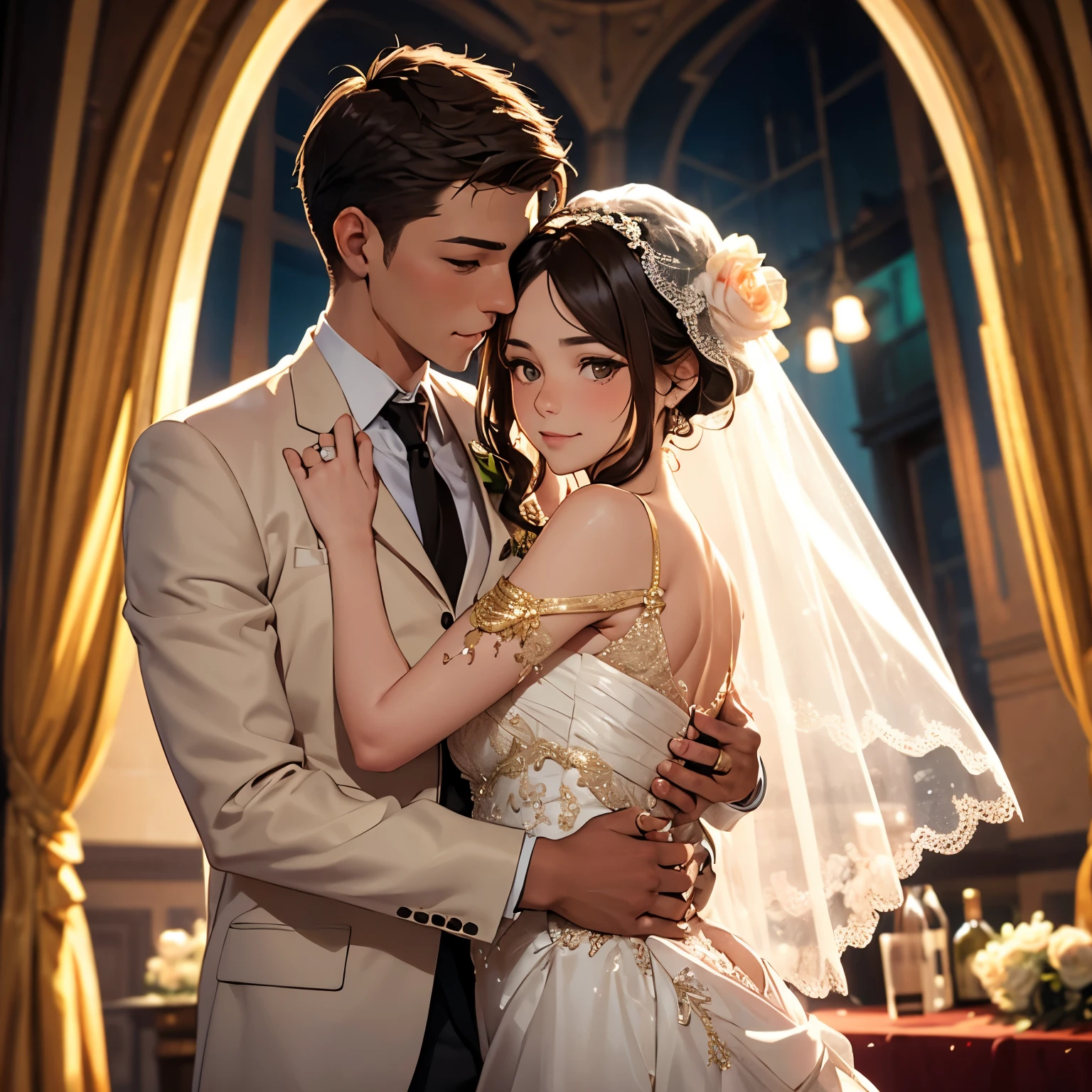modern, Verism, masterpiece, textured skin, super detail, best quality, 4K , (((head shot))),Male and female couple standing side by side,a woman,Wedding dress, One handsome 25-year-old ,tuxedo,church,wedding,Happy atmosphere, People who bless those around, Blurred background,Hyperrealistic
