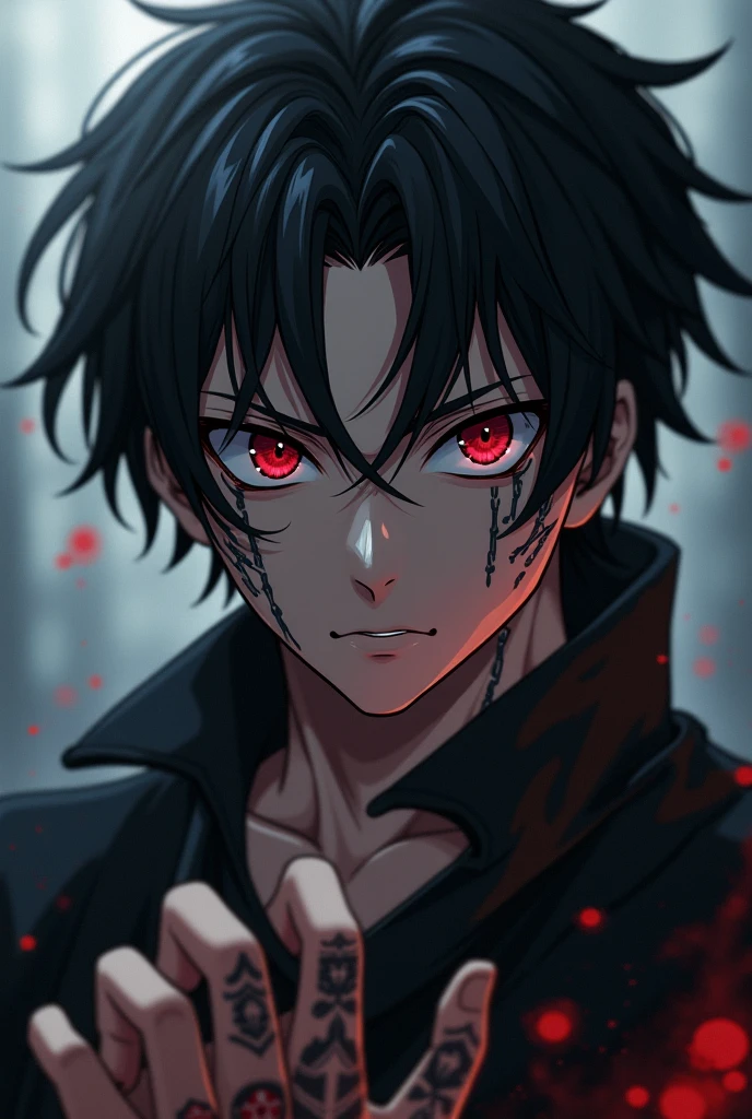 A man with long black hair and pale skin and red eyes, standing, staring at you with a mean expression
