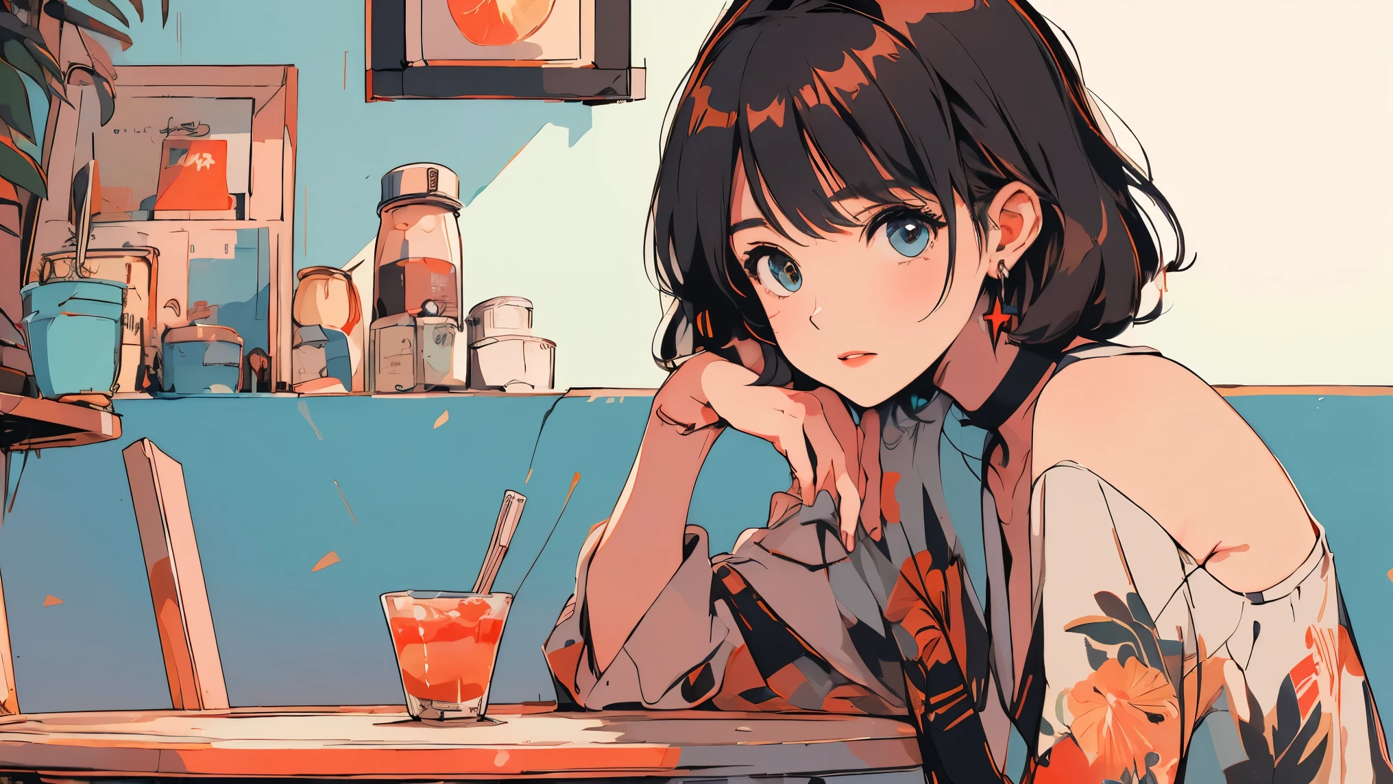 Anime girl sitting at a table with a drink in her hand - SeaArt AI
