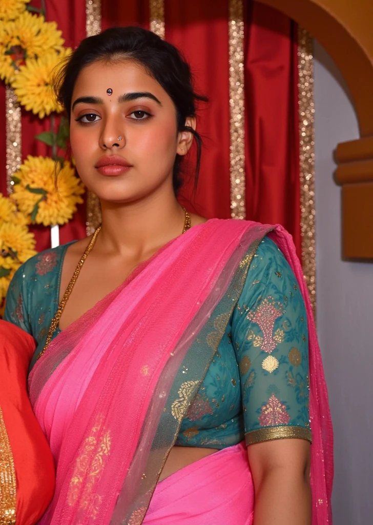 Kriti sanon in saree showing hips and navel , no lose hair, pinned hair, room, low quality picture, poor quality, realistic, skin texture, bad quality picture, laying down on bed