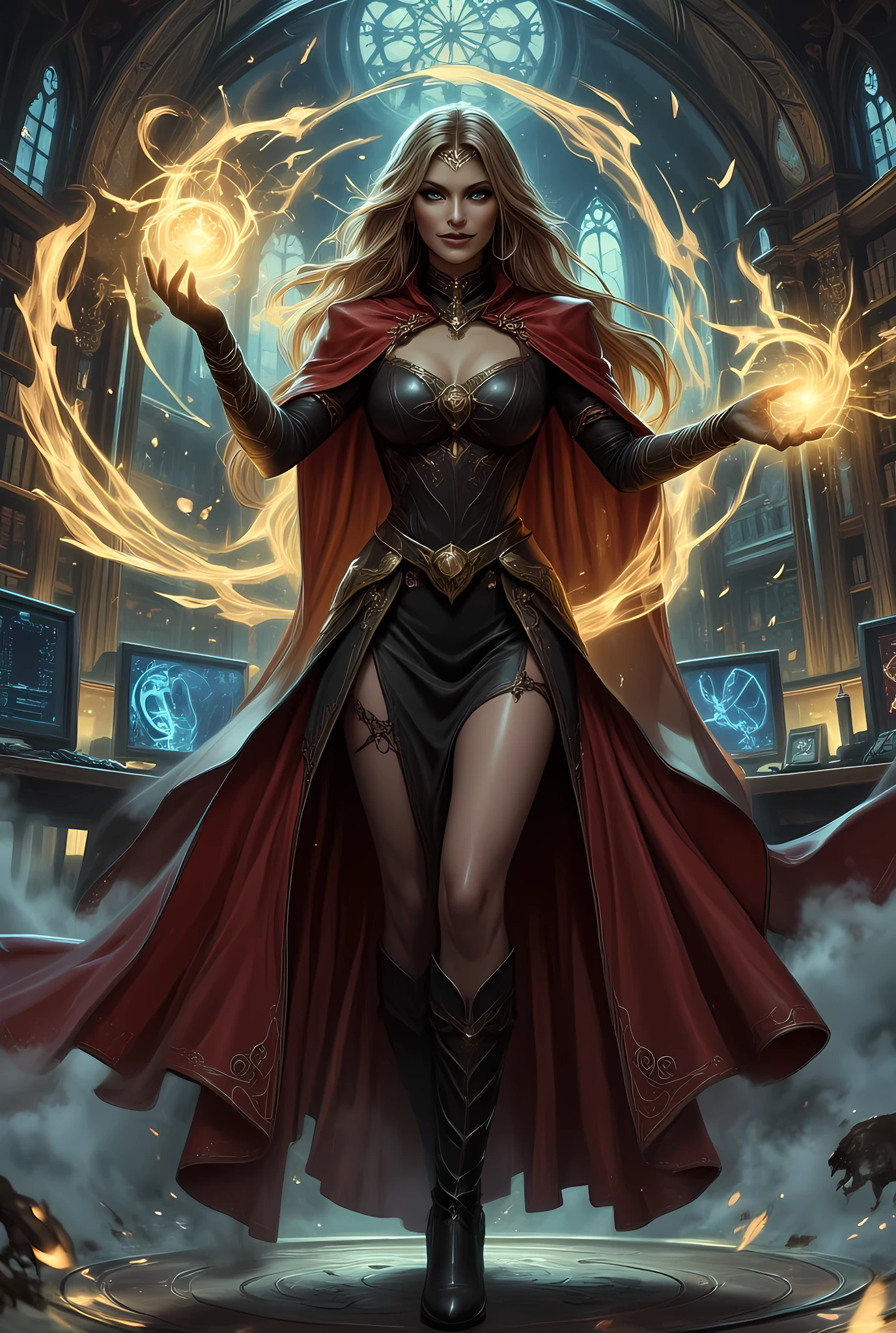 picture of a sorceress casting a Chronomancy magic spell in science library, exquisite beautiful woman, dynamic hair color, dynamic hair style, ((full body shot: 1.5)), (ultra detailed face: 1.2), best detailed face, high details, best quality, 16k, ((black dress: 1.3), (red cloak: 1.3), high heeled boots, computer lab background, (ultra details, Masterpiece, best quality) masterpiece, best quality, (extremely detailed), full body, ultra wide shot, (ultra details, Masterpiece, best quality), fantasy art, dnd art, fantasy art, realistic art, (ultra details, Masterpiece, best quality), (ultra details, Masterpiece, best quality), Celestial Fantasy