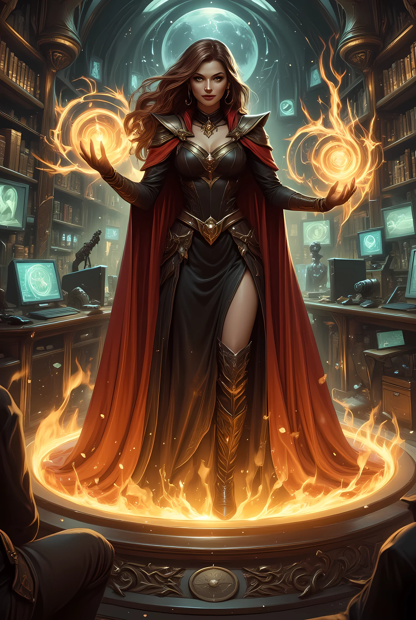 picture of a sorceress casting a Chronomancy magic spell in science library, exquisite beautiful woman, dynamic hair color, dynamic hair style, ((full body shot: 1.5)), (ultra detailed face: 1.2), best detailed face, high details, best quality, 16k, ((black dress: 1.3), (red cloak: 1.3), high heeled boots, computer lab background, (ultra details, Masterpiece, best quality) masterpiece, best quality, (extremely detailed), full body, ultra wide shot, (ultra details, Masterpiece, best quality), fantasy art, dnd art, fantasy art, realistic art, (ultra details, Masterpiece, best quality), (ultra details, Masterpiece, best quality), Celestial Fantasy