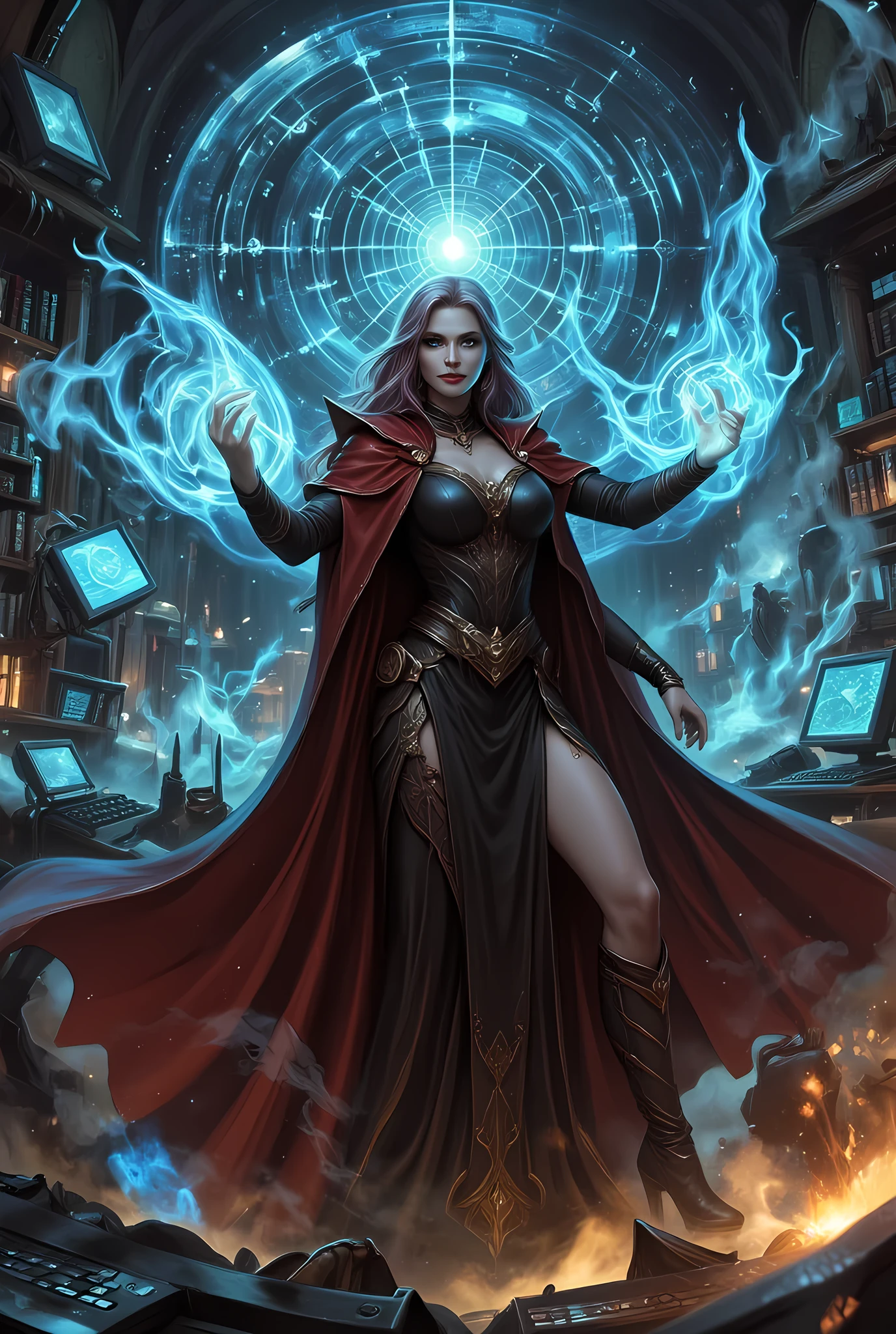 picture of a sorceress casting a Chronomancy magic spell in science library, exquisite beautiful woman, dynamic hair color, dynamic hair style, ((full body shot: 1.5)), (ultra detailed face: 1.2), best detailed face, high details, best quality, 16k, ((black dress: 1.3), (red cloak: 1.3), high heeled boots, computer lab background, (ultra details, Masterpiece, best quality) masterpiece, best quality, (extremely detailed), full body, ultra wide shot, (ultra details, Masterpiece, best quality), fantasy art, dnd art, fantasy art, realistic art, (ultra details, Masterpiece, best quality), (ultra details, Masterpiece, best quality), Celestial Fantasy
